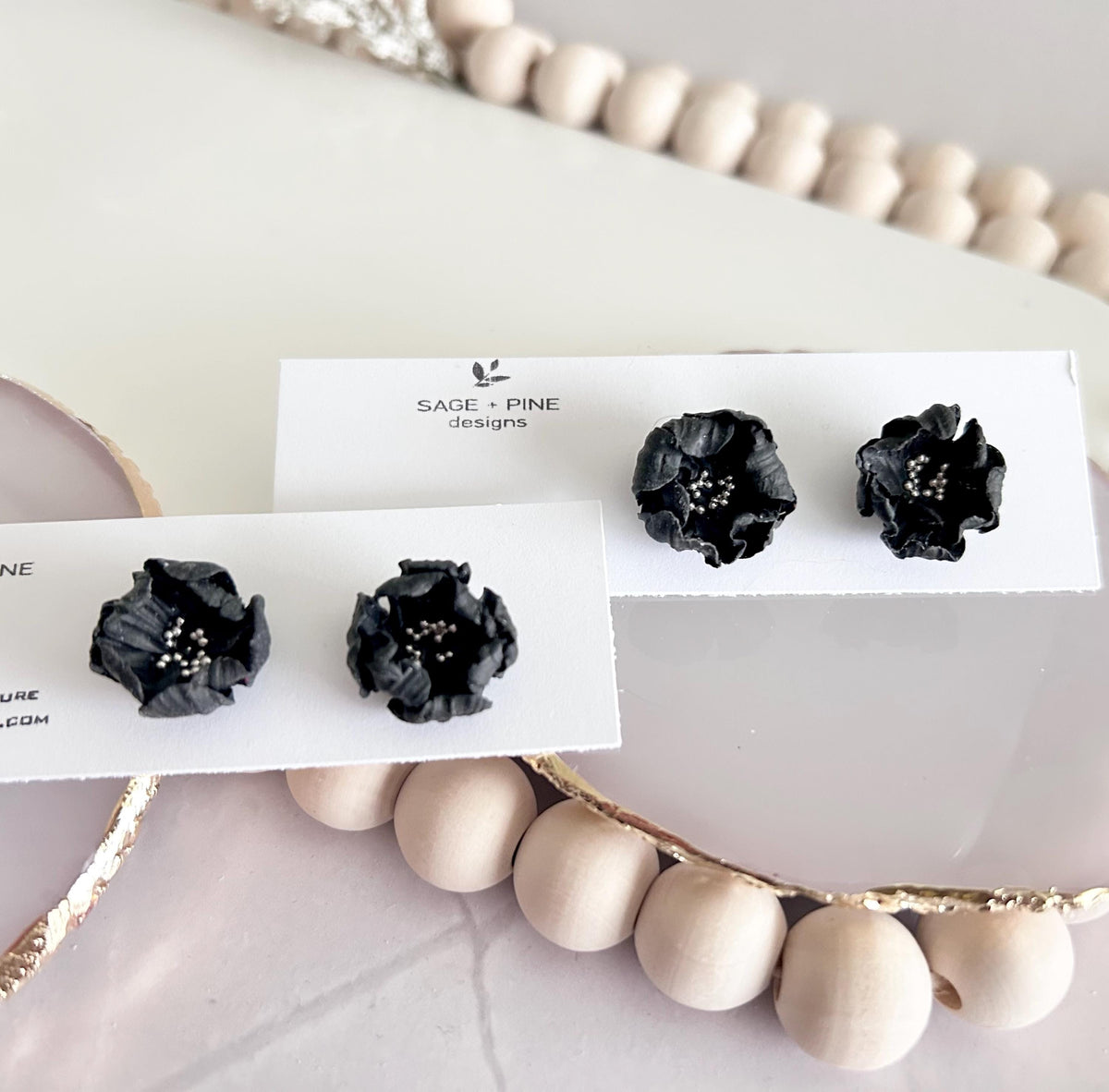Black Flower Stud Earrings, Big Floral Post Studs, Unique Garden Jewelry Gift
