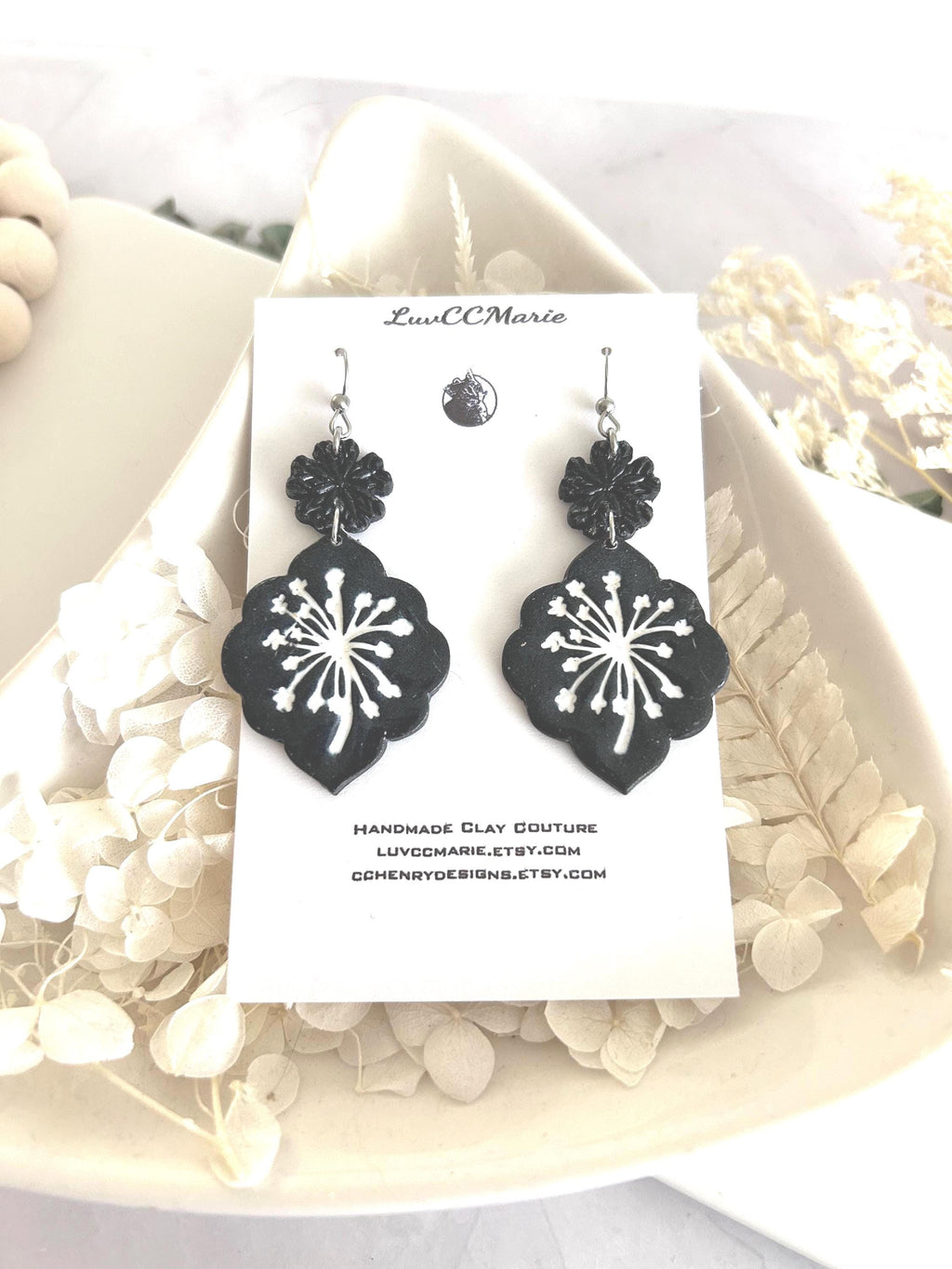 Black Dandelion Statement Earrings, White Floral Clay Dangles, Handmade Jewelry Gift for Her