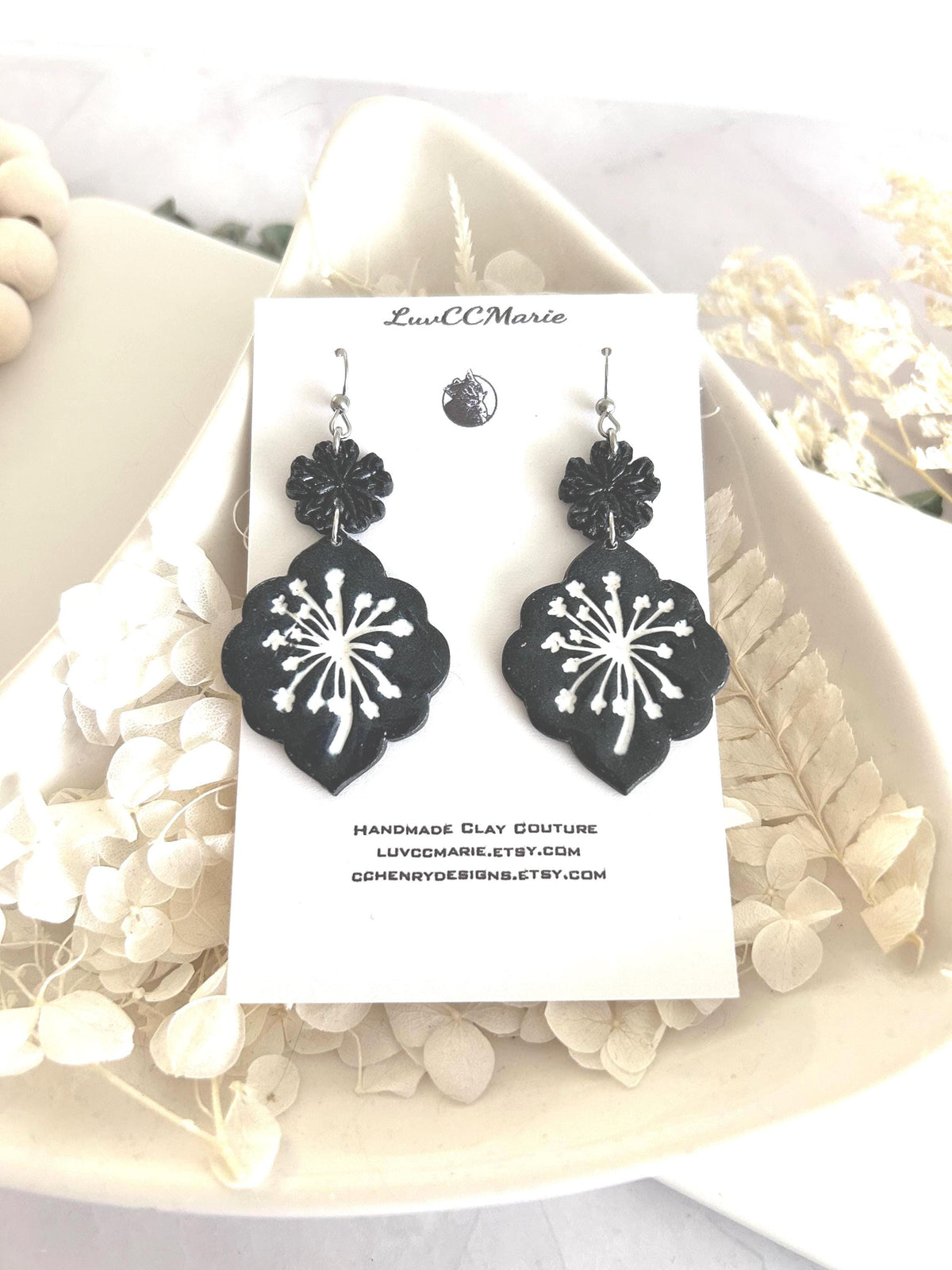 Black Dandelion Statement Earrings, White Floral Clay Dangles, Handmade Jewelry Gift for Her