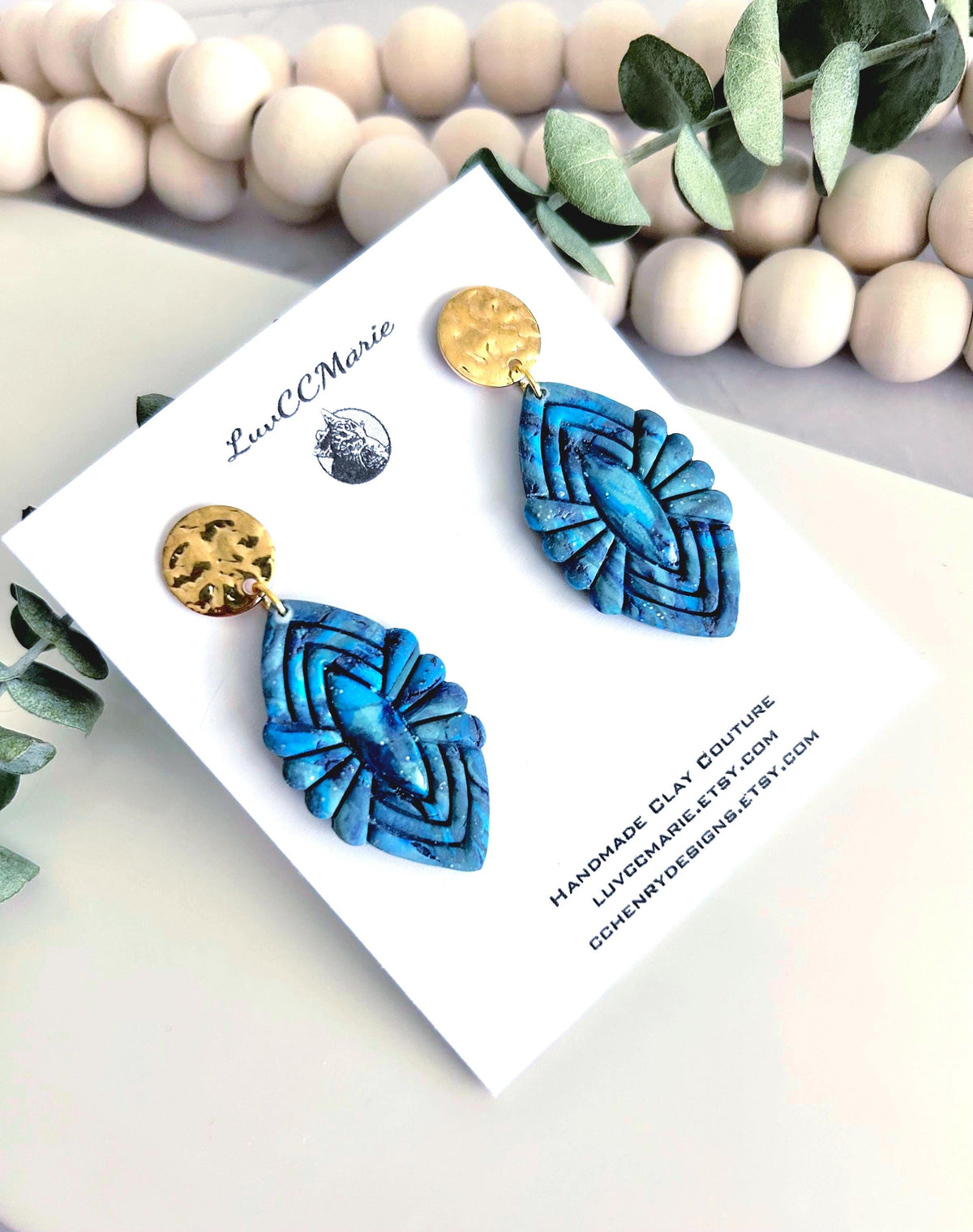 Teal Dangle Earrings, Boho Dangles, Blue and Gold Handmade Clay Unique Jewelry