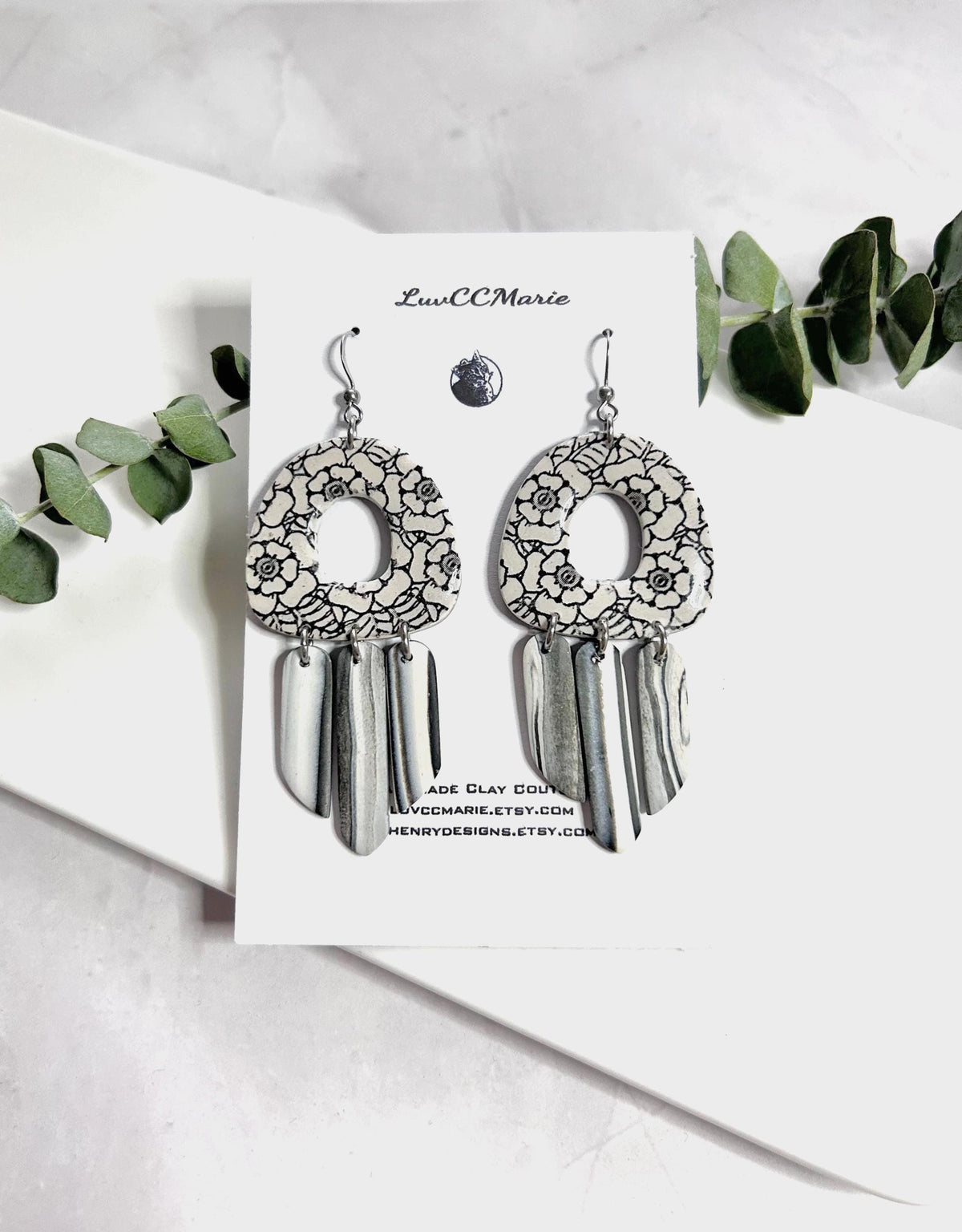 Black and White Chandelier Earrings, Tudor Rose Clay Dangles, Boho Wedding Floral Jewelry
