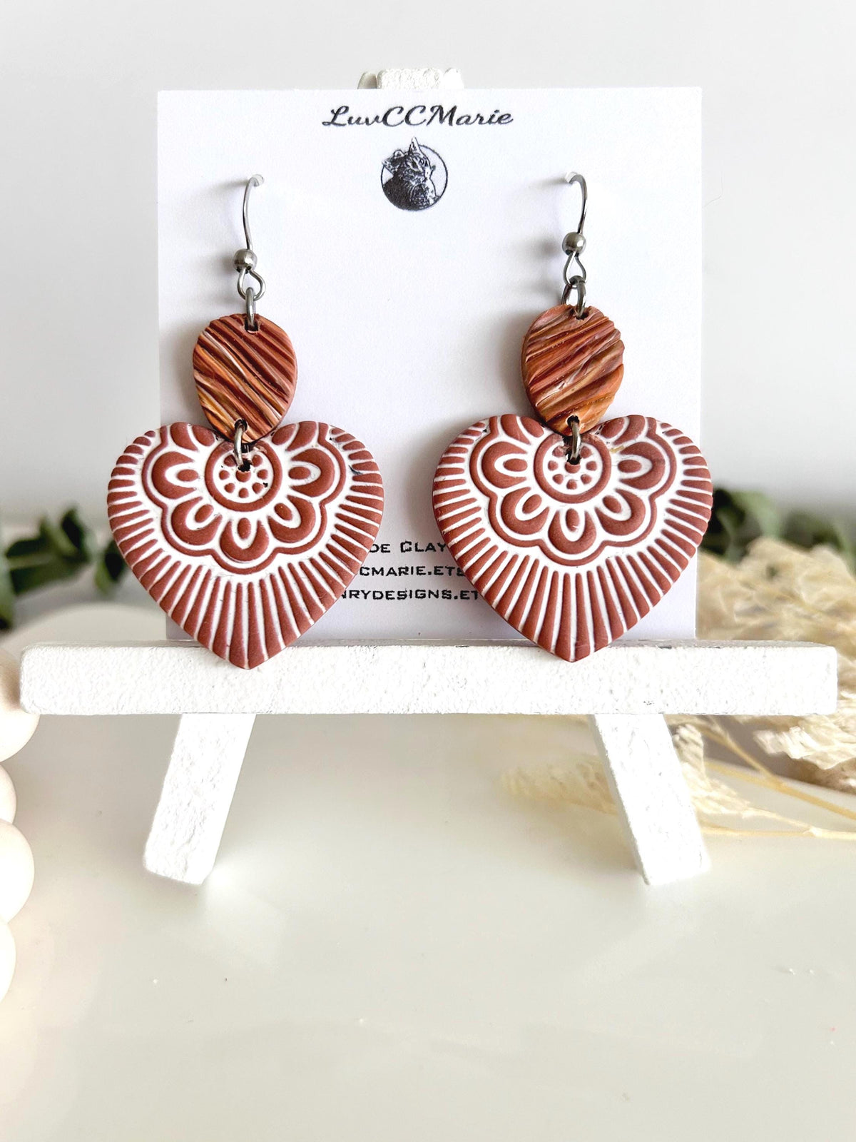 Heart Dangles, Folk Art Clay Earrings, Boho Terracotta Polymer Handmade Jewelry Gifts