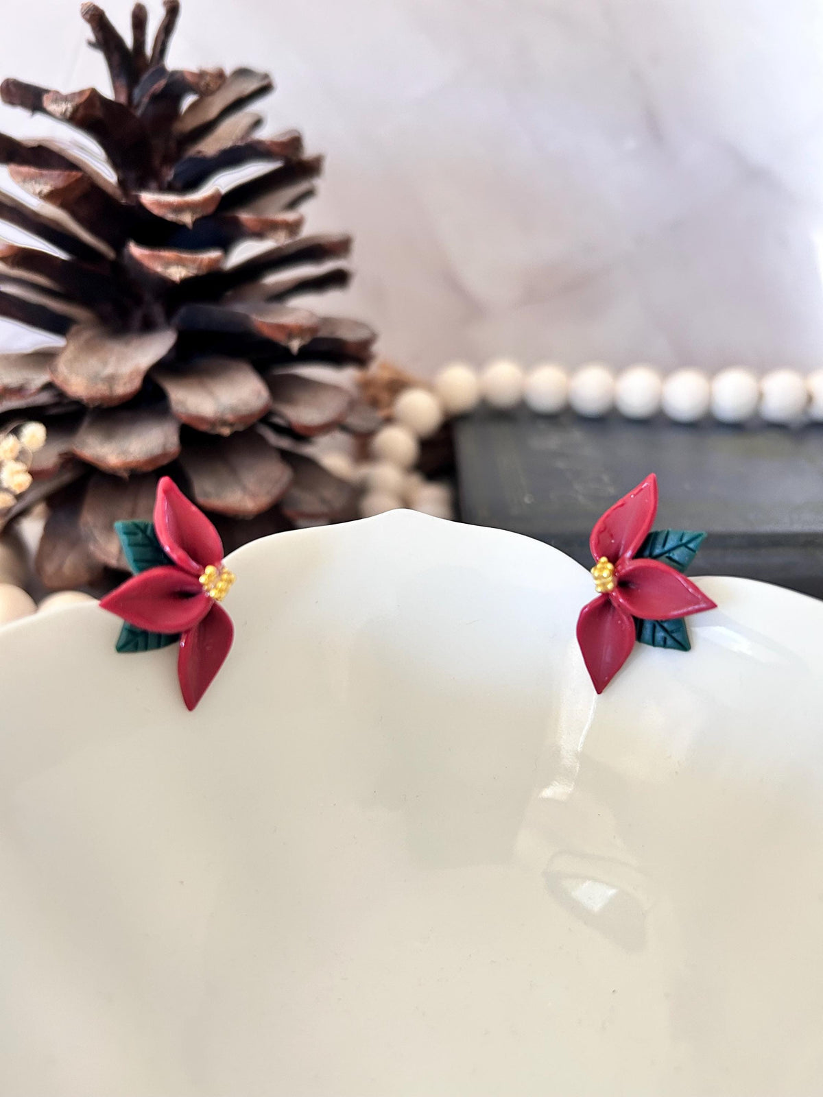 Christmas Burgundy Red Poinsettia Flower Half Stud Earrings, Holiday Clay Studs, Stocking Stuffers