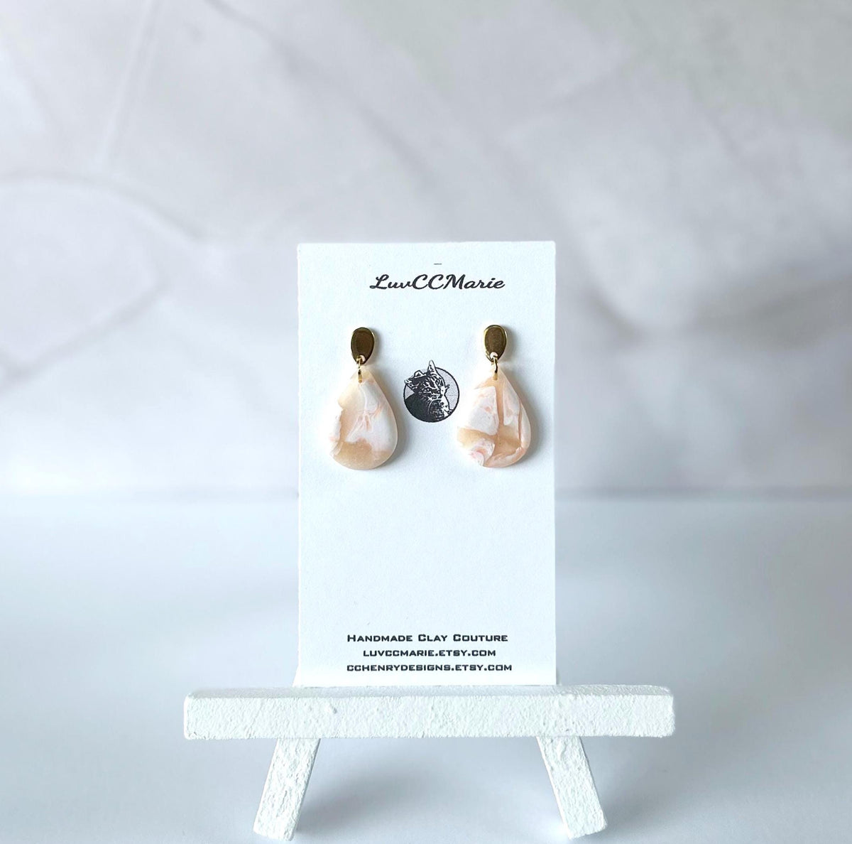 Peach and White Marbled Clay Drop Earrings, Teardrop Spring or Summer Dangles, Handmade Jewelry