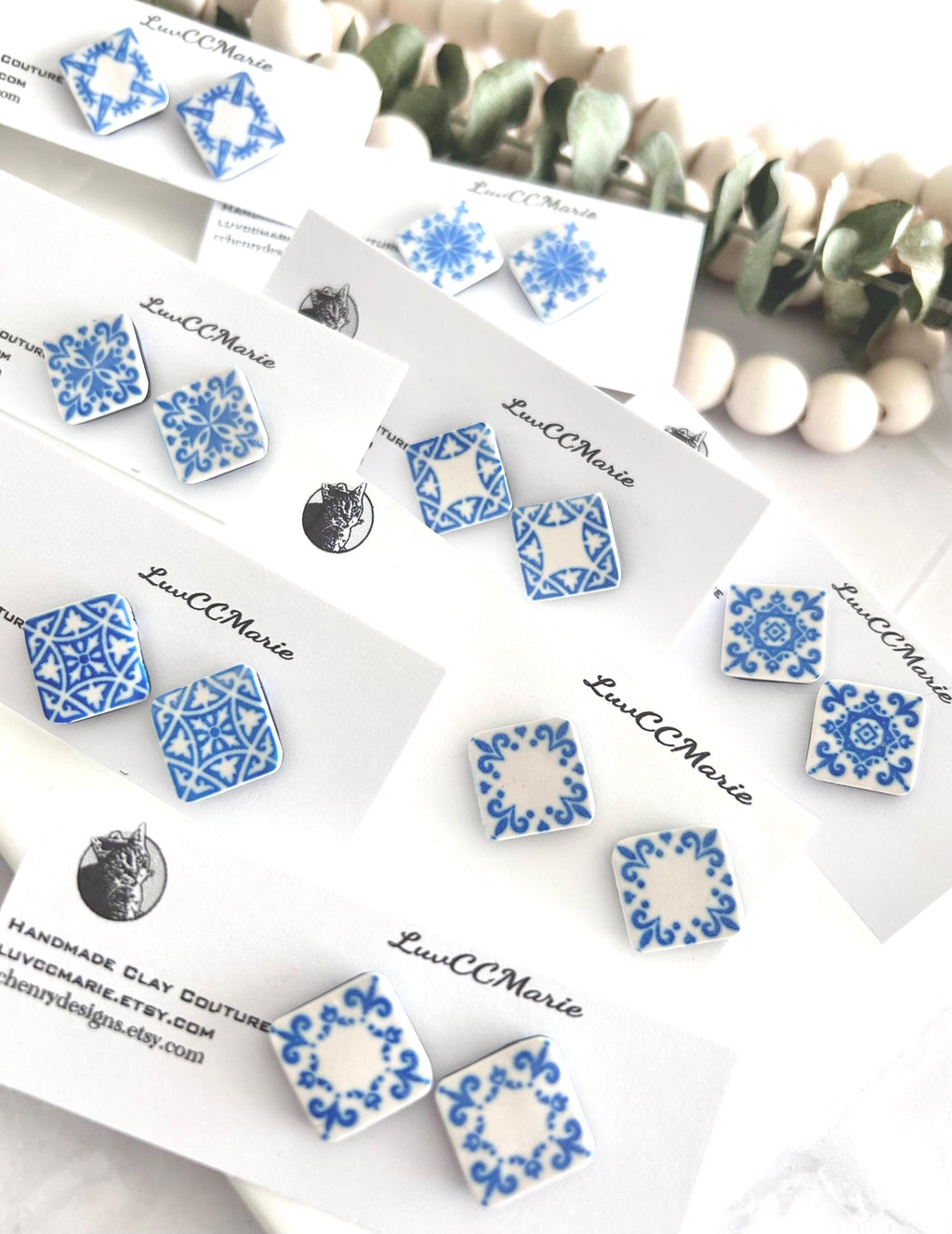 Handmade Santorini Tile Stud Earrings, Blue White Polymer Clay, Boho Jewelry