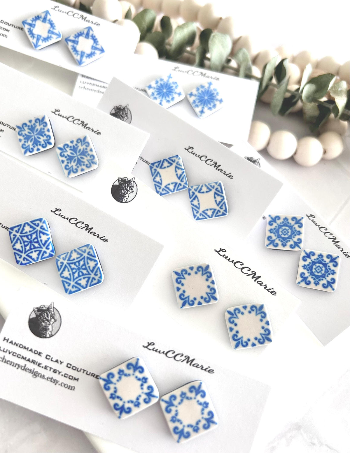 Handmade Santorini Tile Stud Earrings, Blue White Polymer Clay, Boho Jewelry