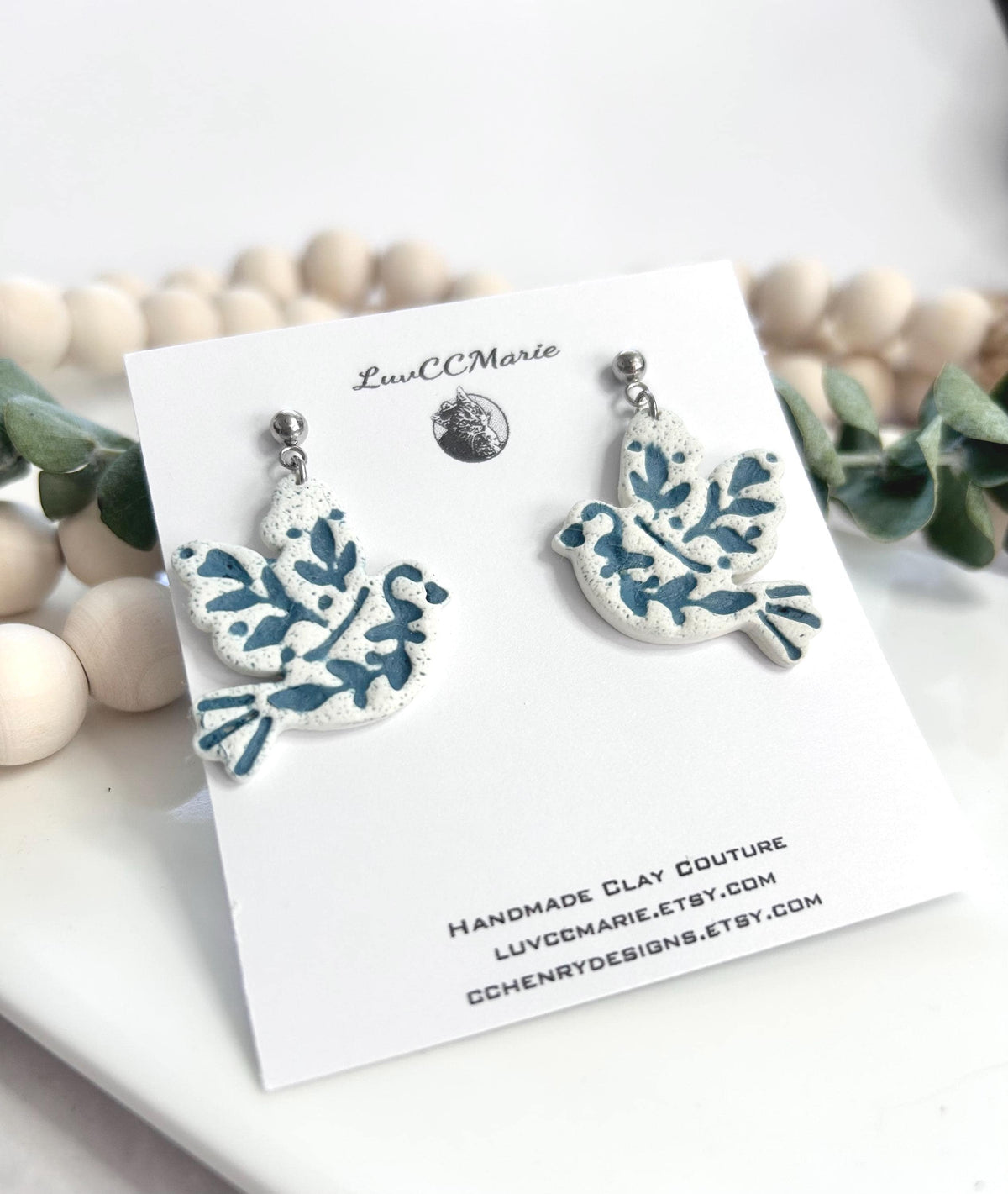 Handmade Clay Dove of Hope Dangle Earrings, Birds of Peace Drop Earrings, Everyday Wear Jewelry Gift