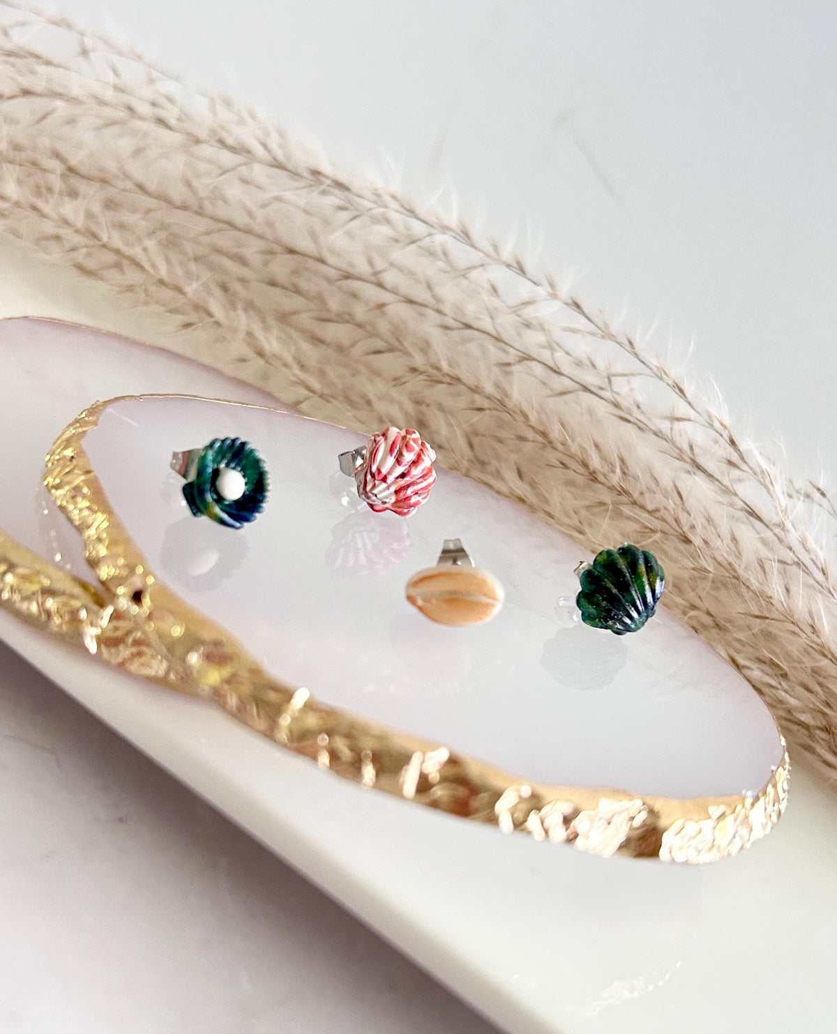 Cowrie Abalone Beach Studs, Coastal Shell Stud Set, Handmade Clay Summer Vacation Jewelry
