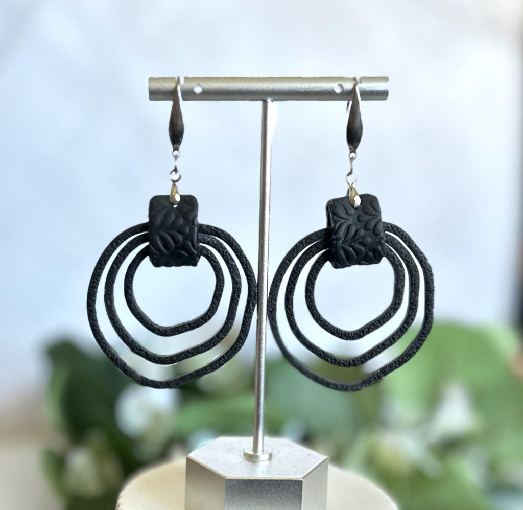 Black Silver Drop Hoops, Large Thin Hoop Dangles, Lightweight Clay Handmade Earrings, Stainless Steel