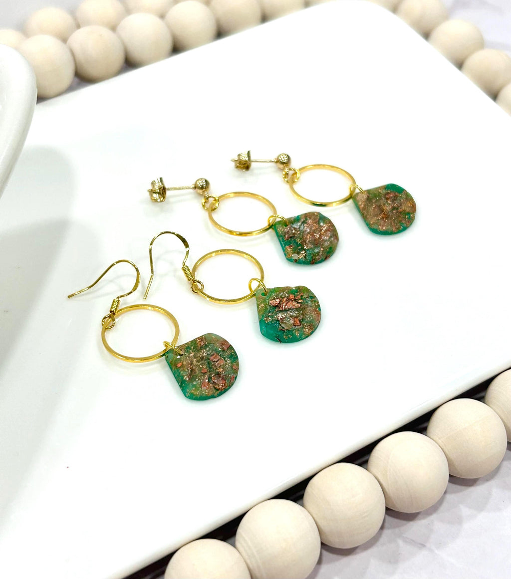 Emerald Green, Gold and Copper Clay Earrings, Handmade Boho Hoop Dangles, Jewelry Gift