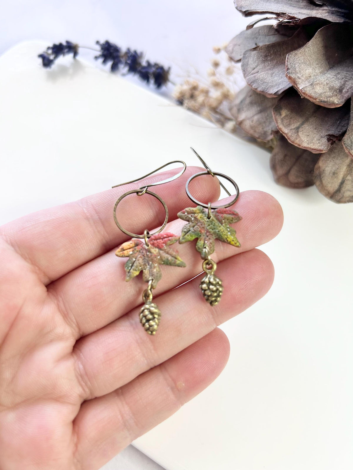 Maple Leaf Clay Earrings, Bronze and Wood Pine Cone Dangles, Handmade Multicolor Fall Jewelry