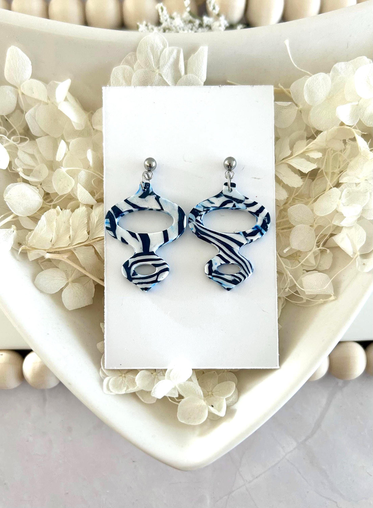 Navy and White Clay Earrings, Modern Moroccan Drop Dangles, Handmade Jewelry Gift