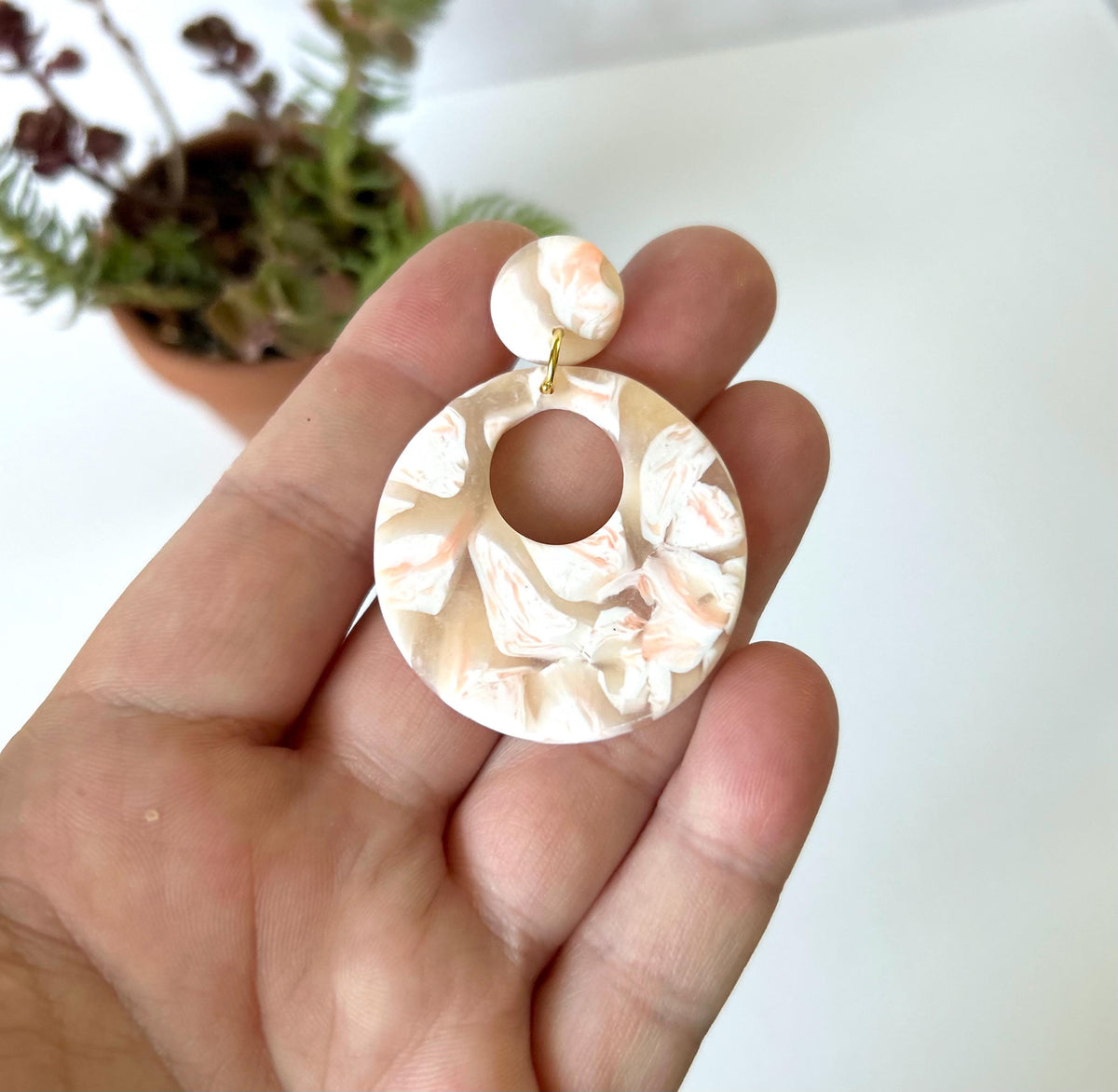Handmade Clay Hoop Dangles, Peach and White Hoop Dangle Earrings, Minimalist Jewelry Gift