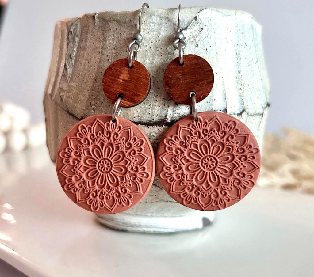 Terracotta Mandala Clay Earrings, Embossed Polymer & Wood Dangles, Handmade Fashion Boho Jewelry