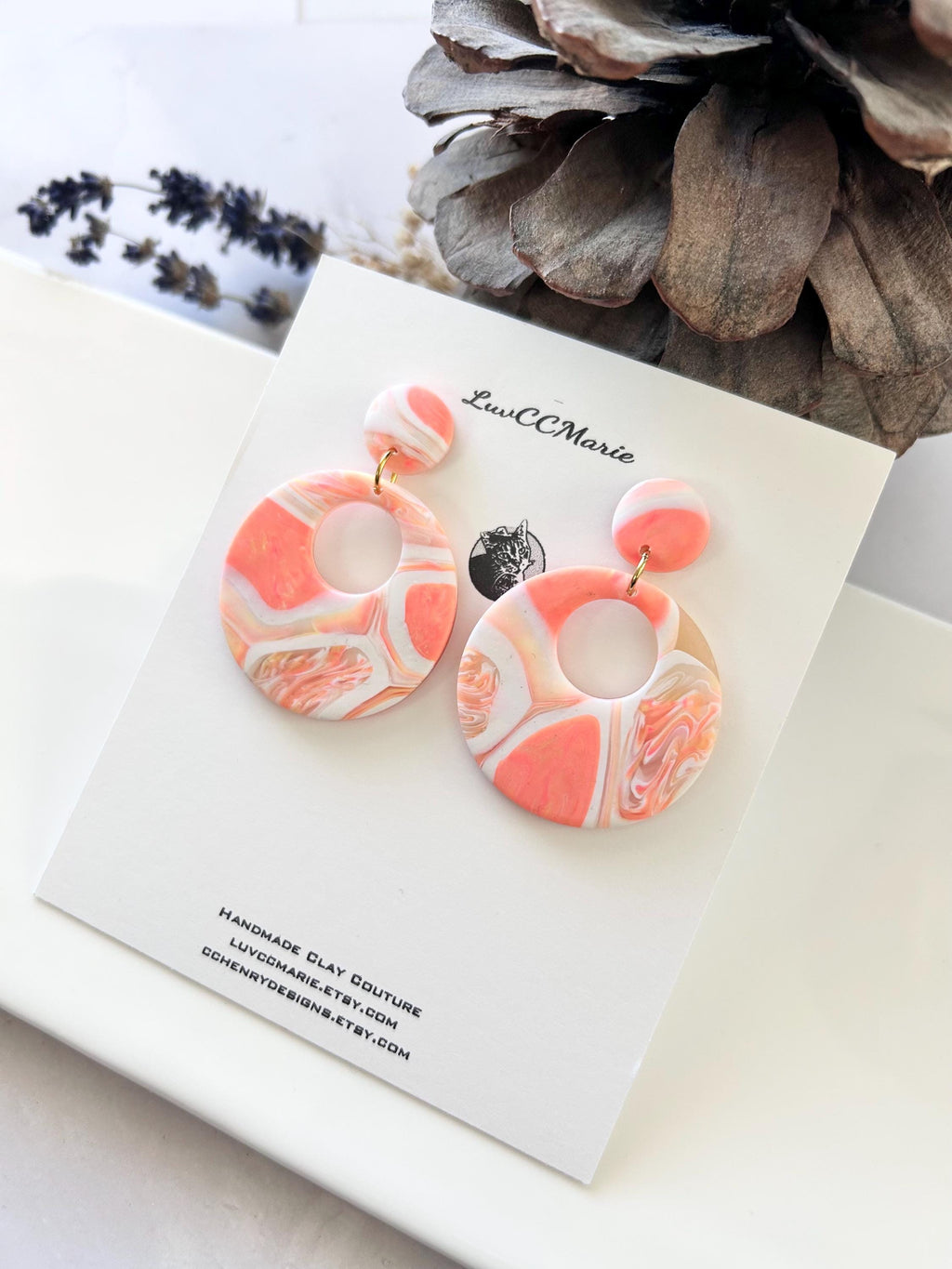 Coral Tortoiseshell Clay Hoop Earrings: Retro Boho Dangles