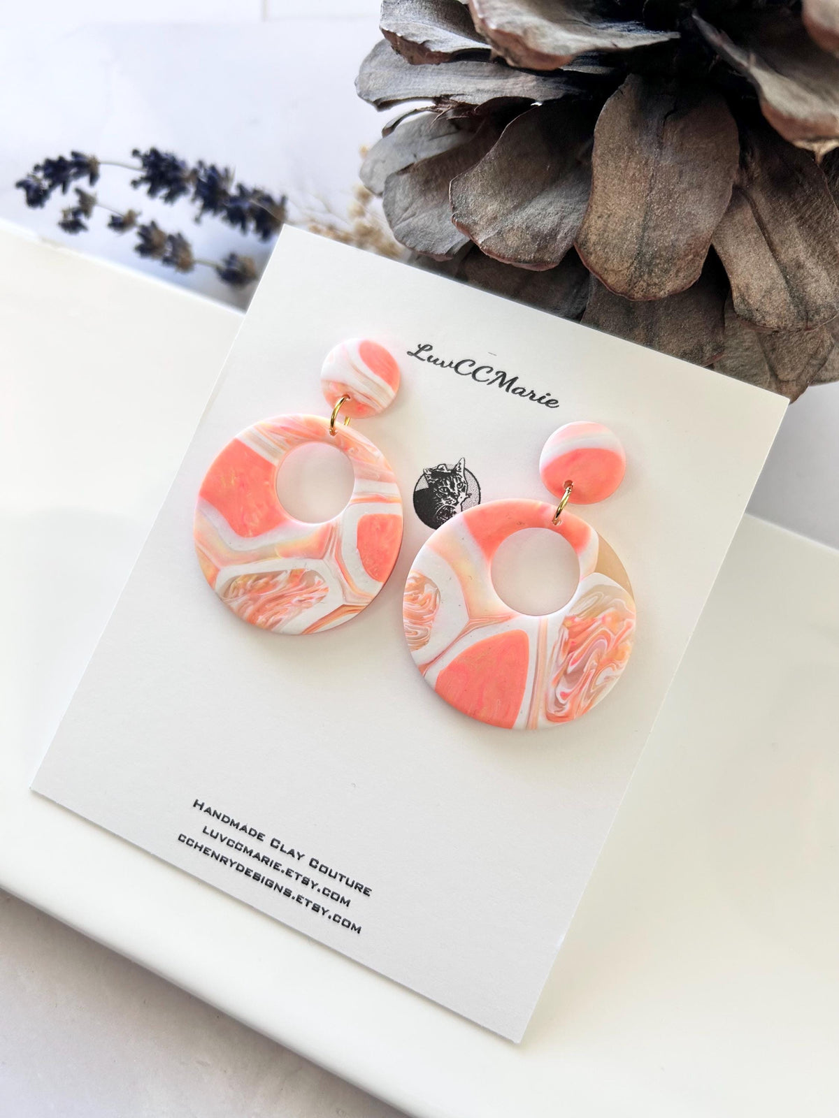 Coral Tortoiseshell Clay Hoop Earrings: Retro Boho Dangles