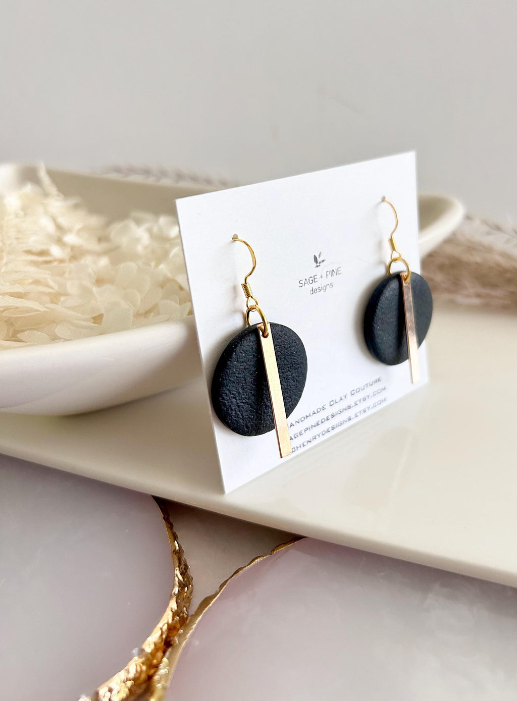 Handmade Gold Bar Hoop Clay Earrings, Neutral Black 18K Plated Dangles, Lightweight Hypoallergenic