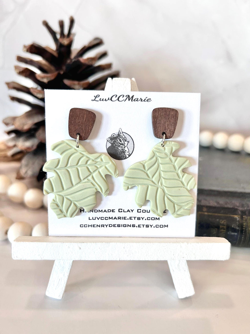 Sage Green Dangle Earrings, Wood and Clay Monstera Leaf Stud Dangles, Handmade Clay Jewelry