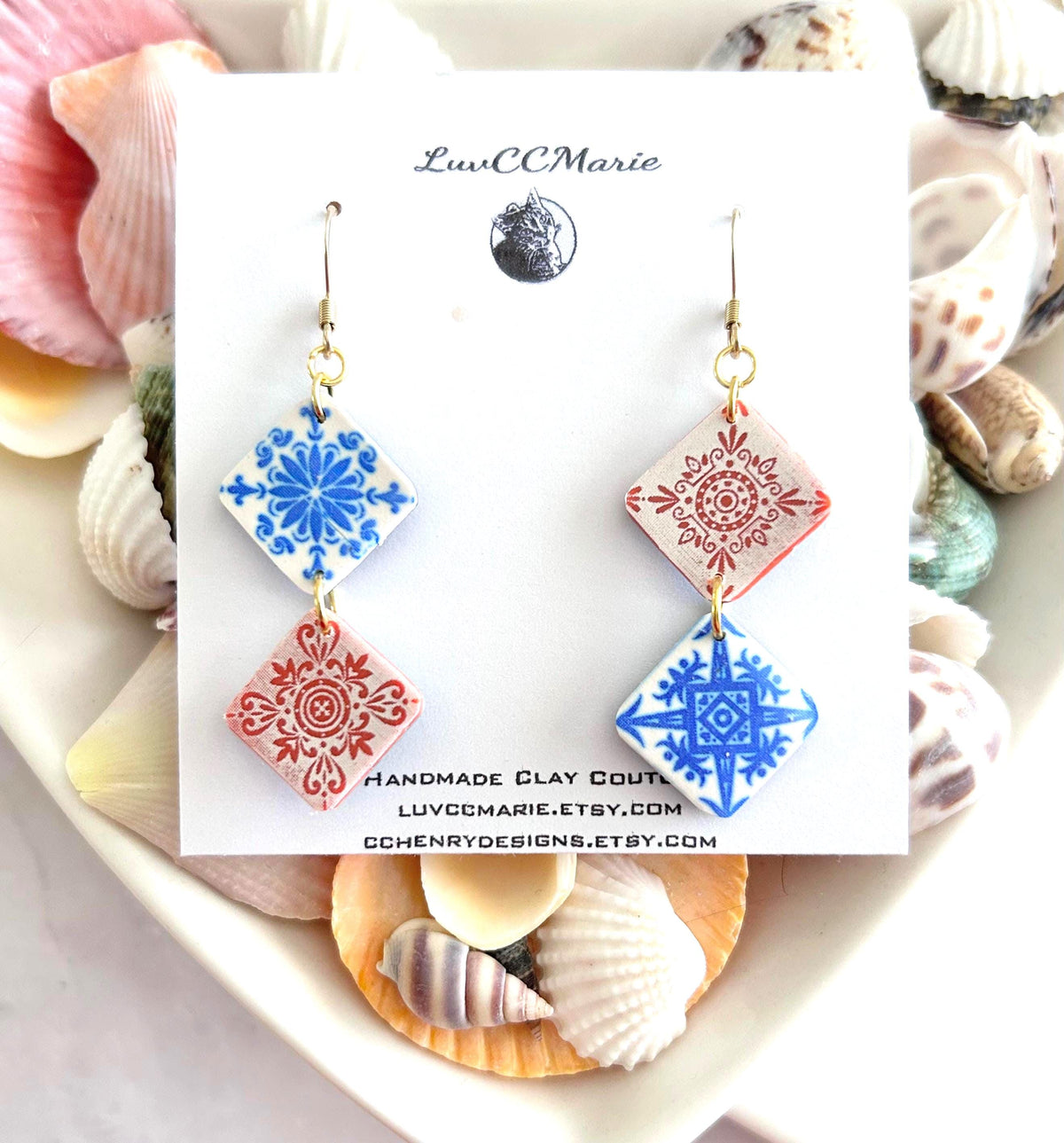 Talavera Clay Tile Earrings, Blue White Coral Dangles, Mexican Terracotta, Mediterranean Jewelry