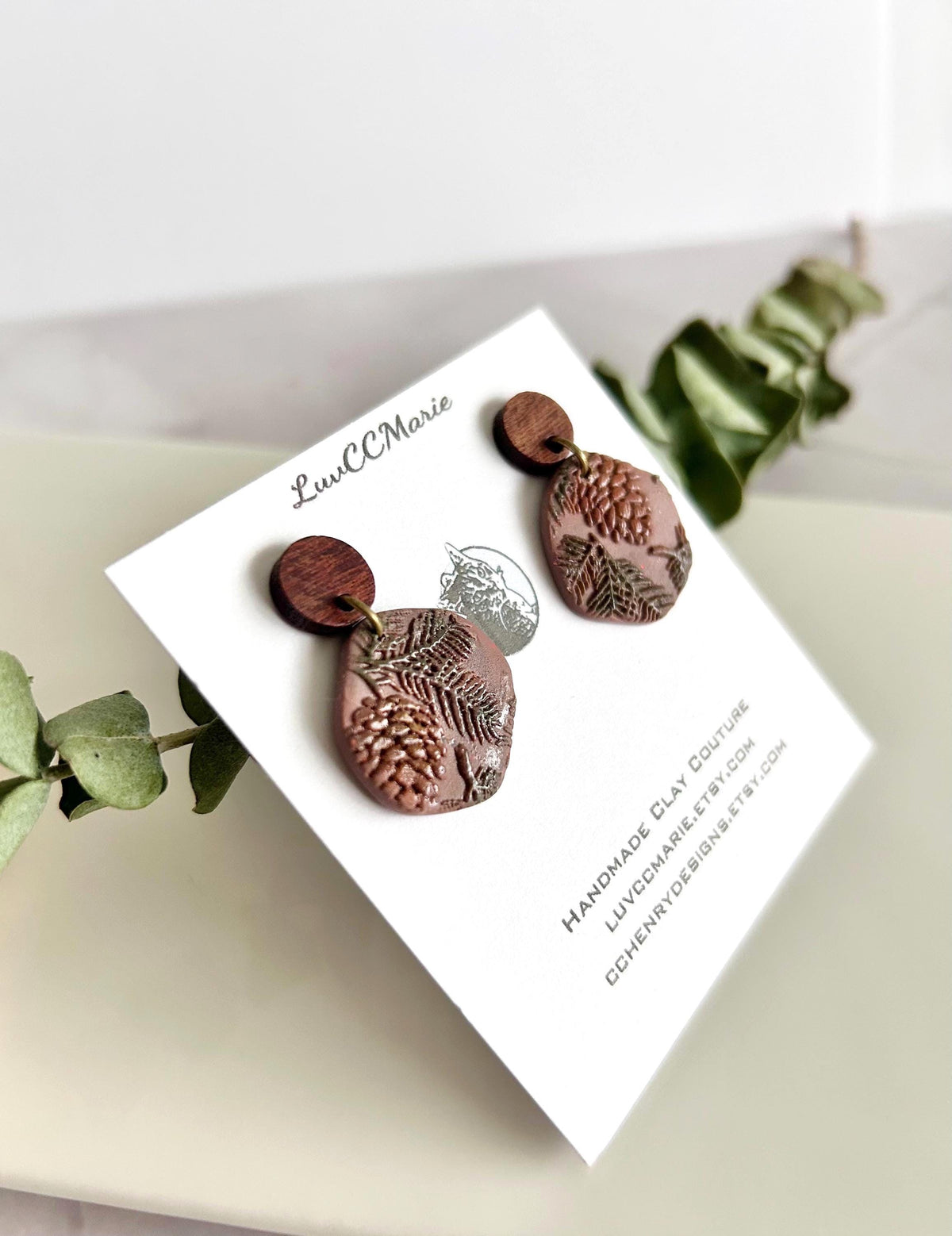 Pine Bough Clay and Wood Dangle Earrings, Fall Pinecone Walnut Stud Boho Jewelry
