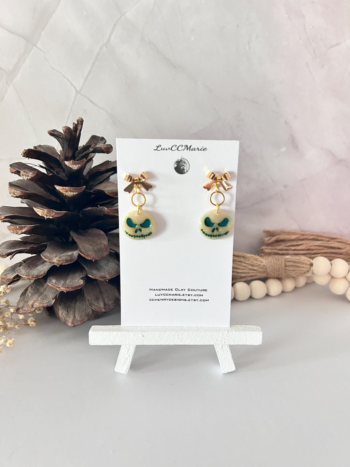 Green Skull Earrings, Bow Stud Drop Dangles, Opal Jack Handmade Jewelry