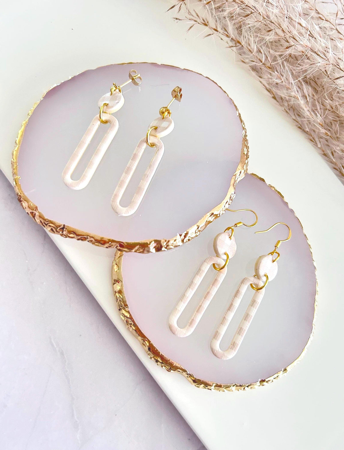 Beige and Gold Gingham Earrings, Clay Hoop Dangles, Lightweight Hypoallergenic