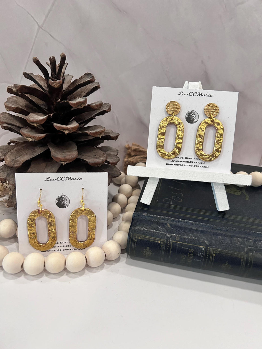 Handmade Hammered Gold Clay Earrings: Boho Dangle, Stainless Steel Studs