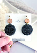 Matte Black Mandala Dangle Clay Earrings, Lightweight Wood Hypoallergenic Dangles, Modern Minimalist