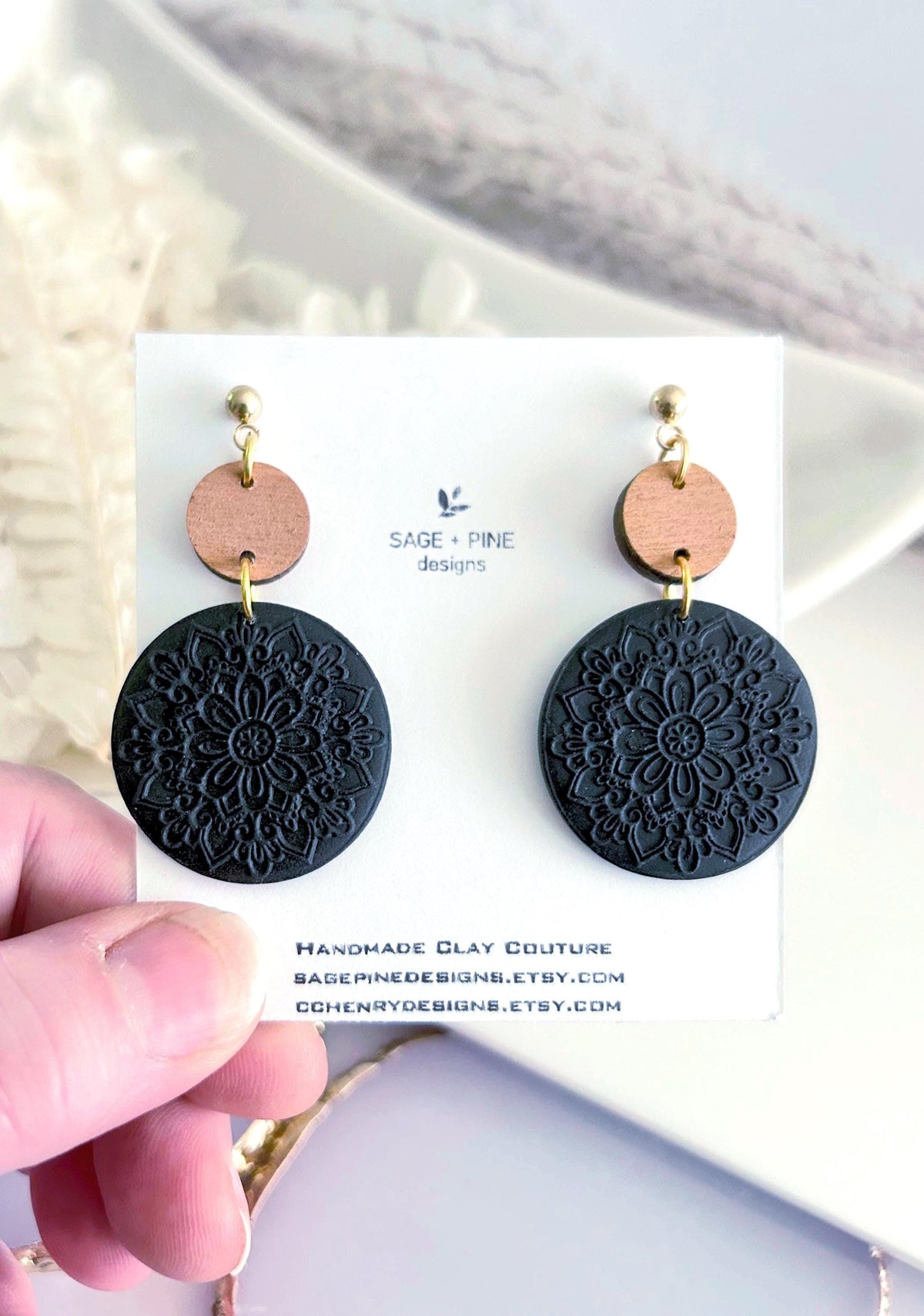 Matte Black Mandala Dangle Clay Earrings, Lightweight Wood Hypoallergenic Dangles, Modern Minimalist