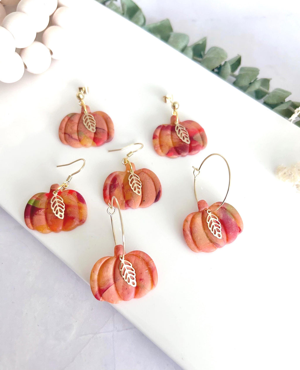 Pumpkin Hoops, Burgundy Marbled Fall Earrings, Gold Leaf Hoop Dangles, Handmade Clay Autumn Jewelry