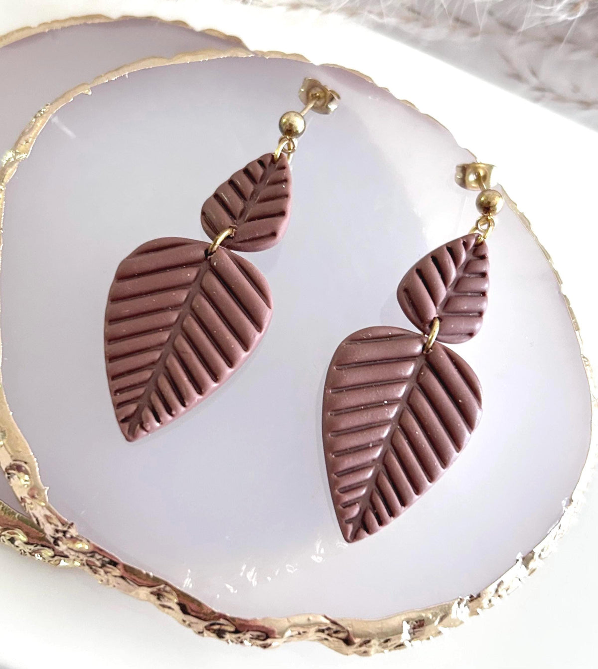 Chocolate Brown Leaf Earrings, Fall Leaves Stud Drop Dangles, Handmade Clay Boho Jewelry