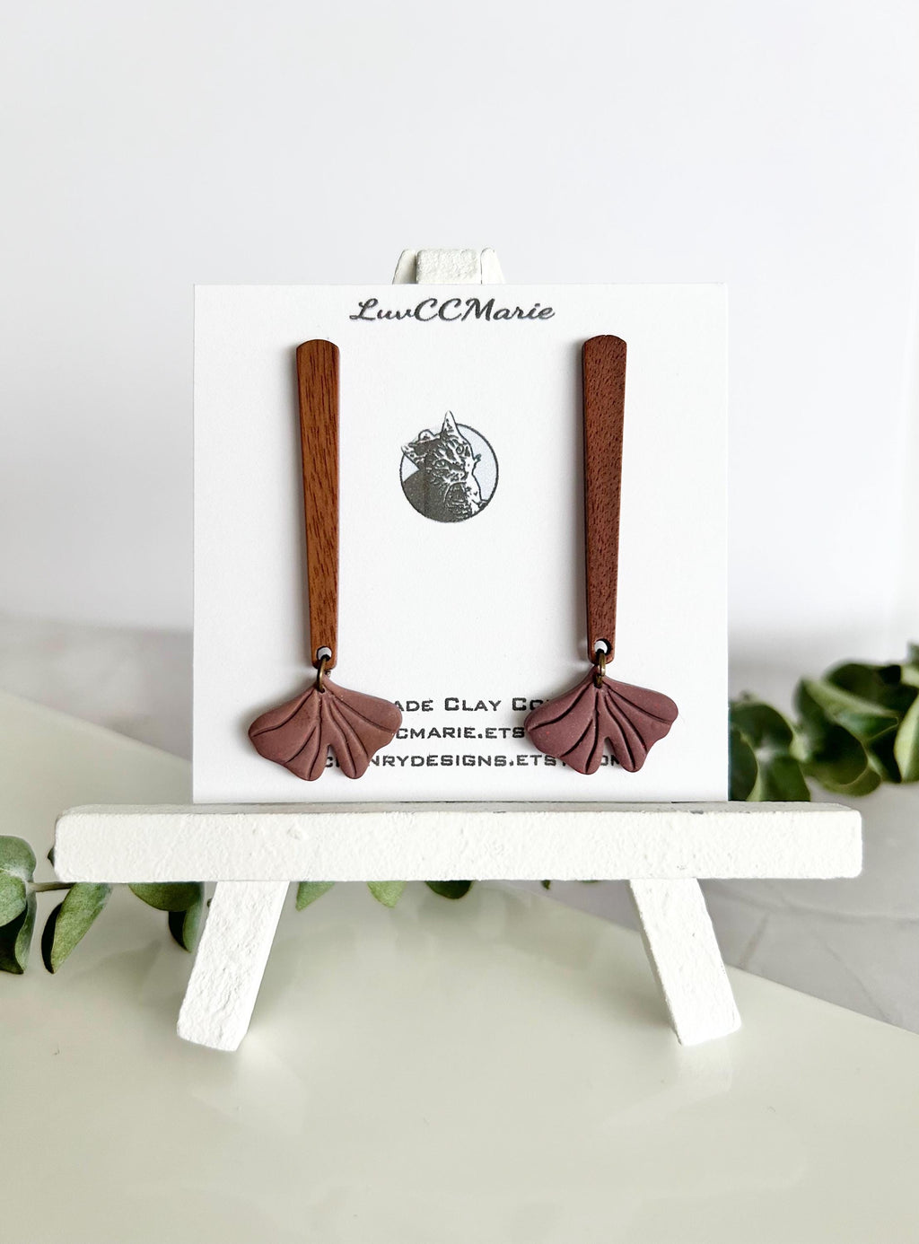 Handmade Clay Fall Leaf Earrings, Wood Bar Dangles, Brown Leaves Autumn Jewelry