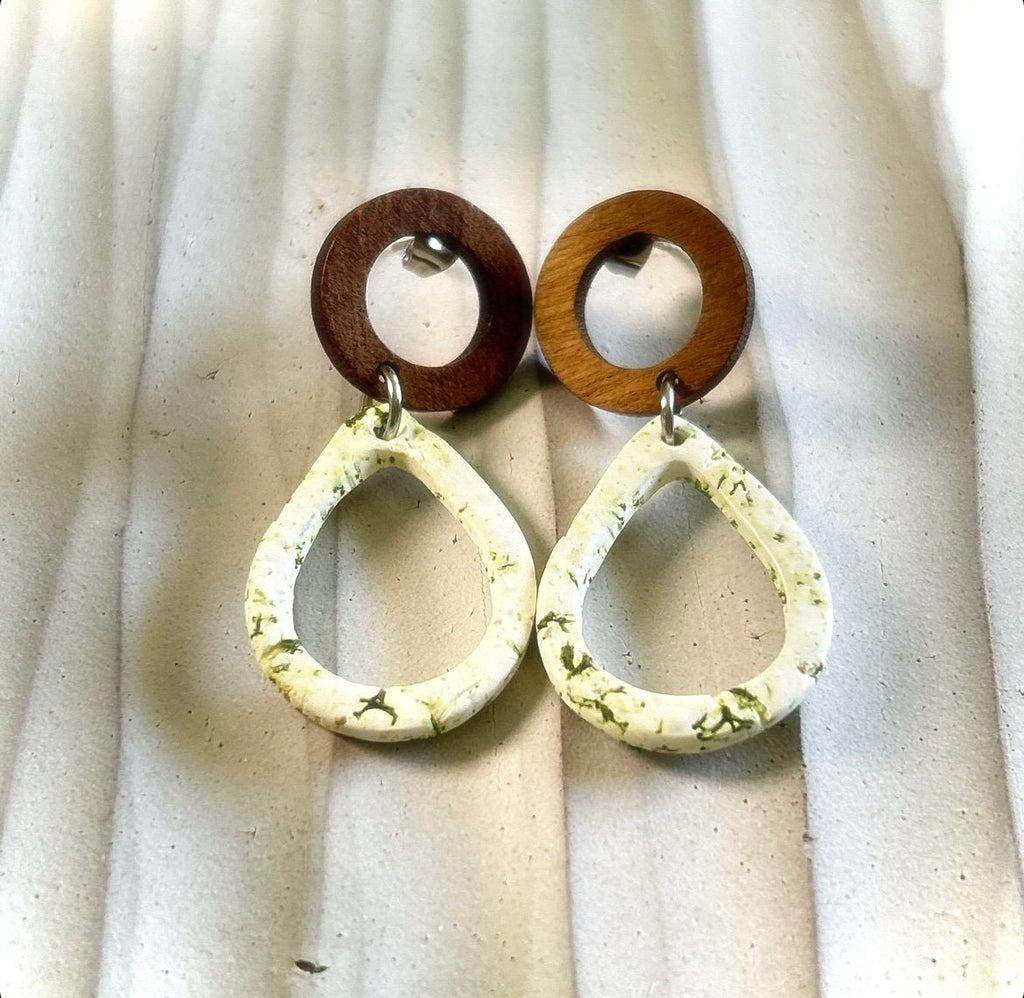 Moss Earrings, Green and White Teardrop Dangles, Clay and Wood Handmade Jewelry