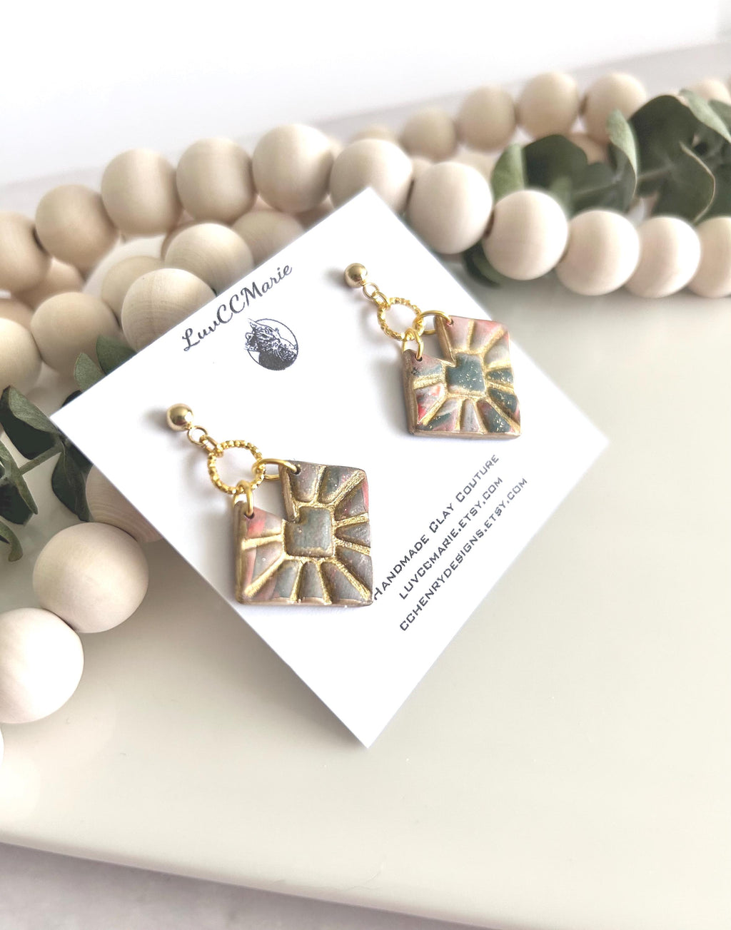 Green and Gold Marbled Geometric Hoop Dangles, Bright Orange Clay Earrings, Handmade Jewelry