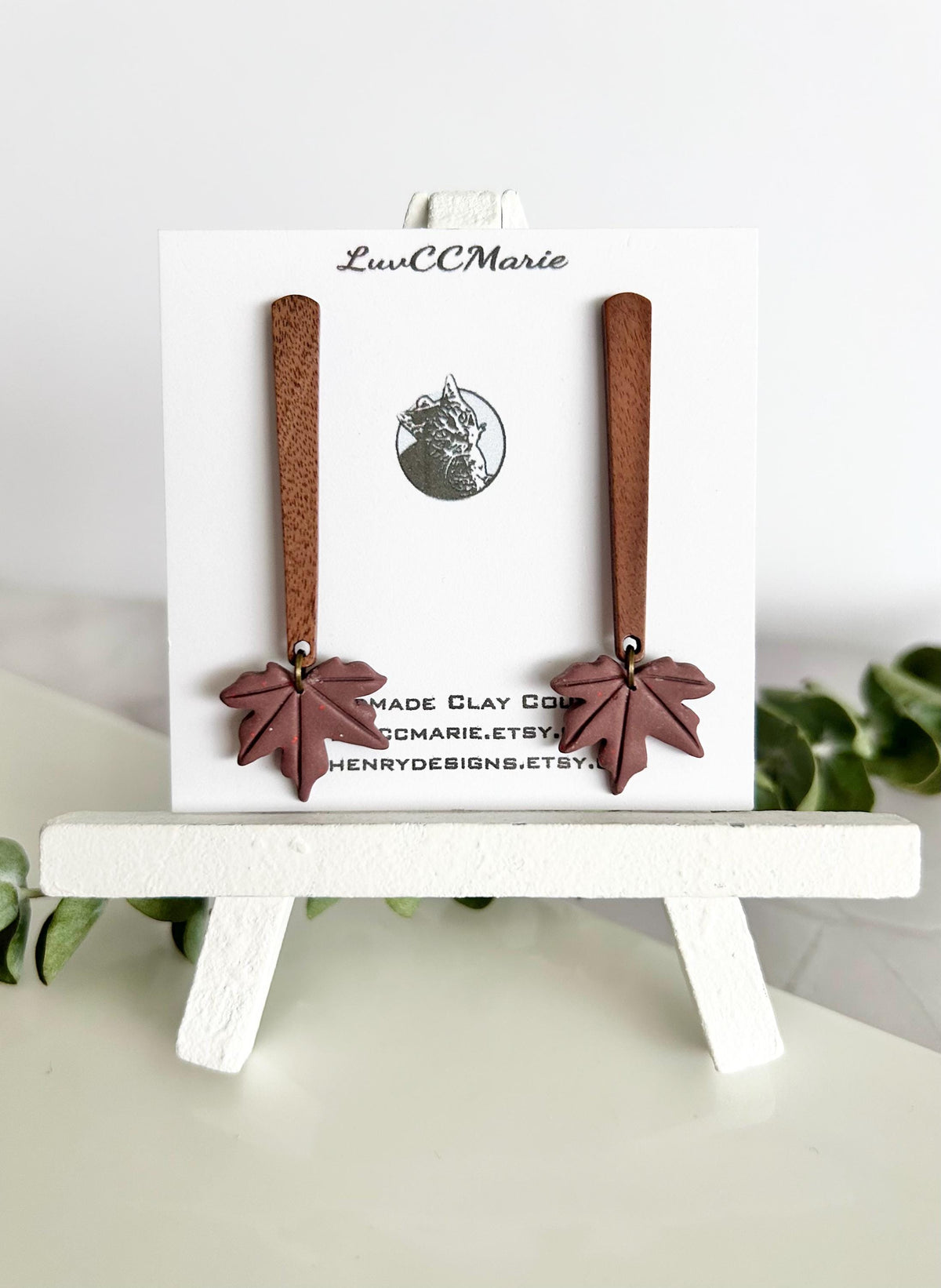 Handmade Clay Fall Leaf Earrings, Wood Bar Dangles, Brown Leaves Autumn Jewelry