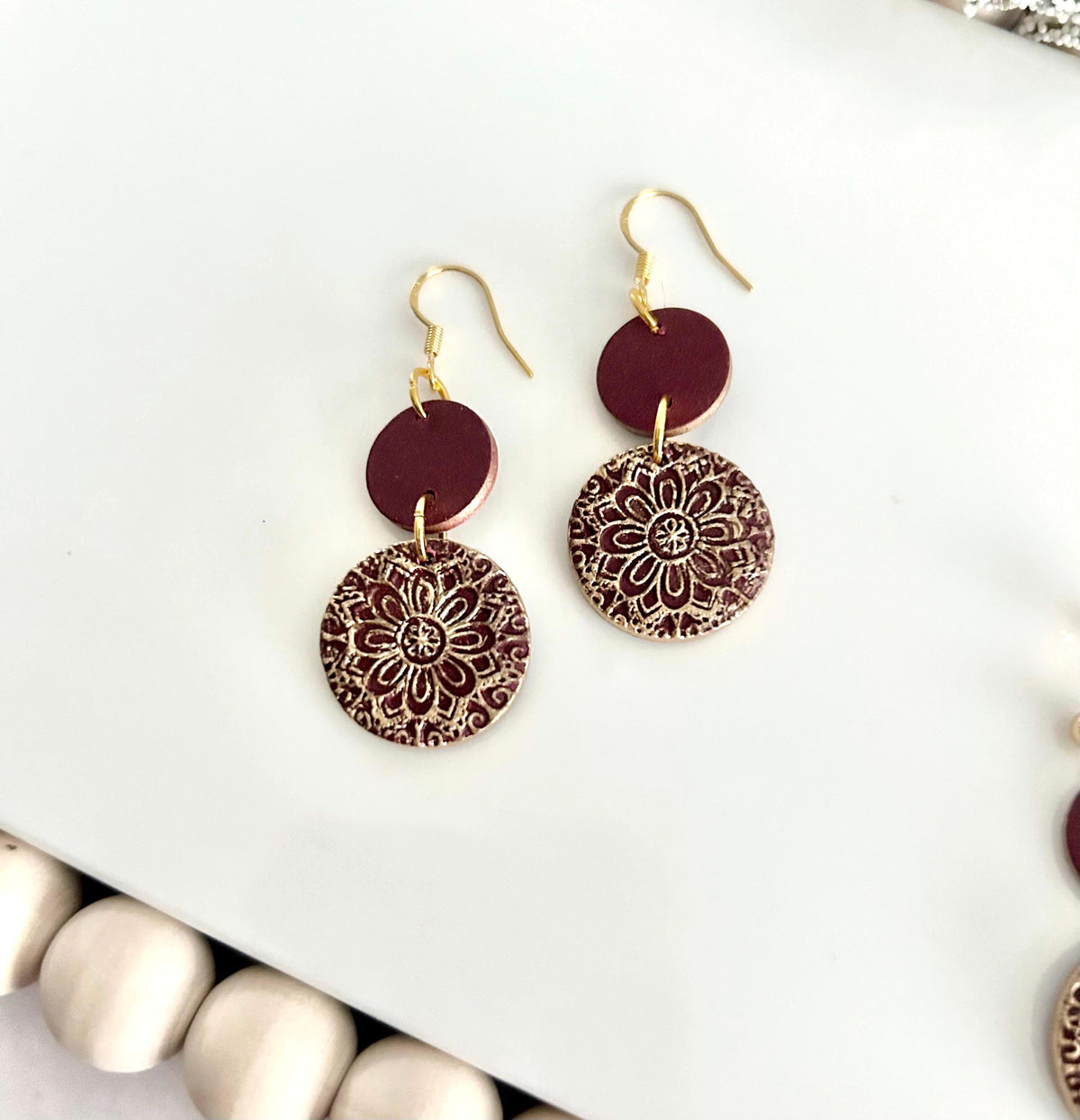 Gold Navy Burgundy Earrings, Embossed Dangles, Handmade Clay Boho Jewelry