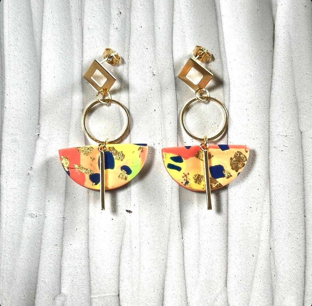 Neon Earrings, Geometric Dangles, Hoop Drop Polymer Clay Abstract Handmade Jewelry