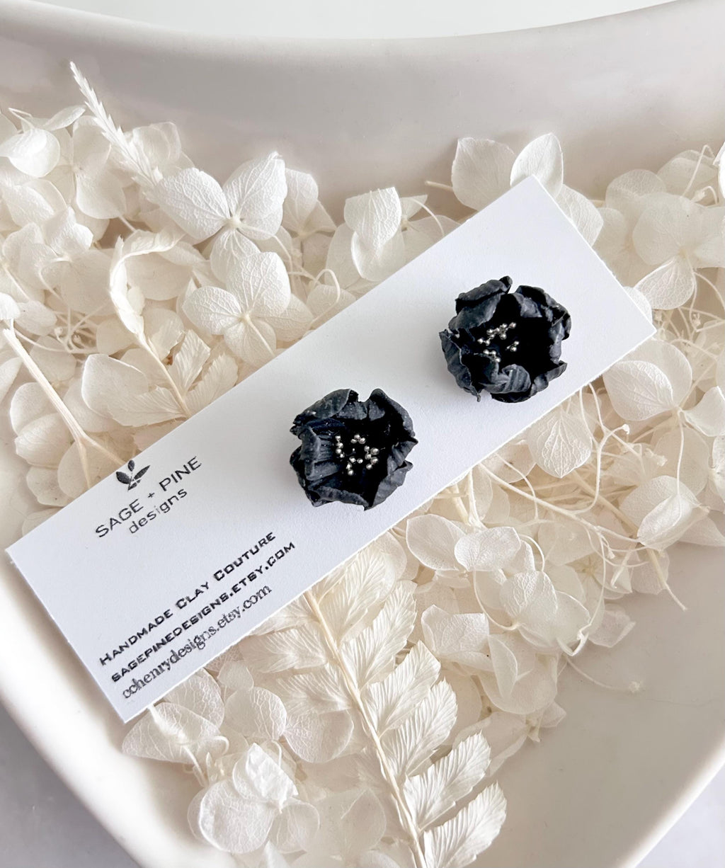 Black Flower Stud Earrings, Big Floral Post Studs, Unique Garden Jewelry Gift