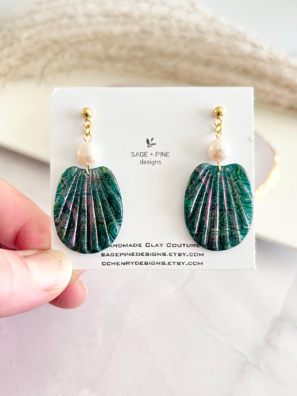 Pearl Shell Dangle Earrings, Abalone Inspired Seashell Dangles, Handmade Clay Coastal Jewelry
