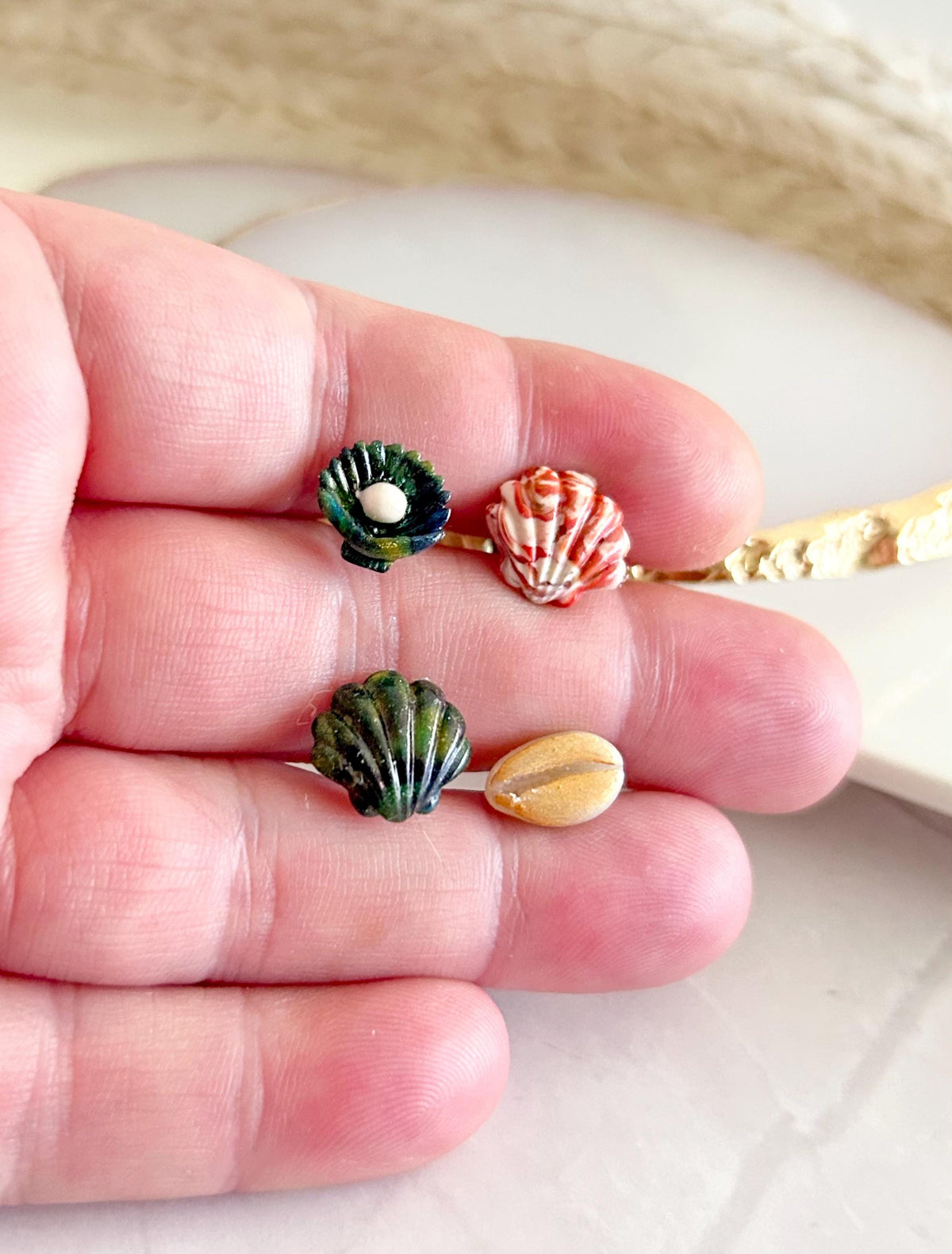 Cowrie Abalone Beach Studs, Coastal Shell Stud Set, Handmade Clay Summer Vacation Jewelry