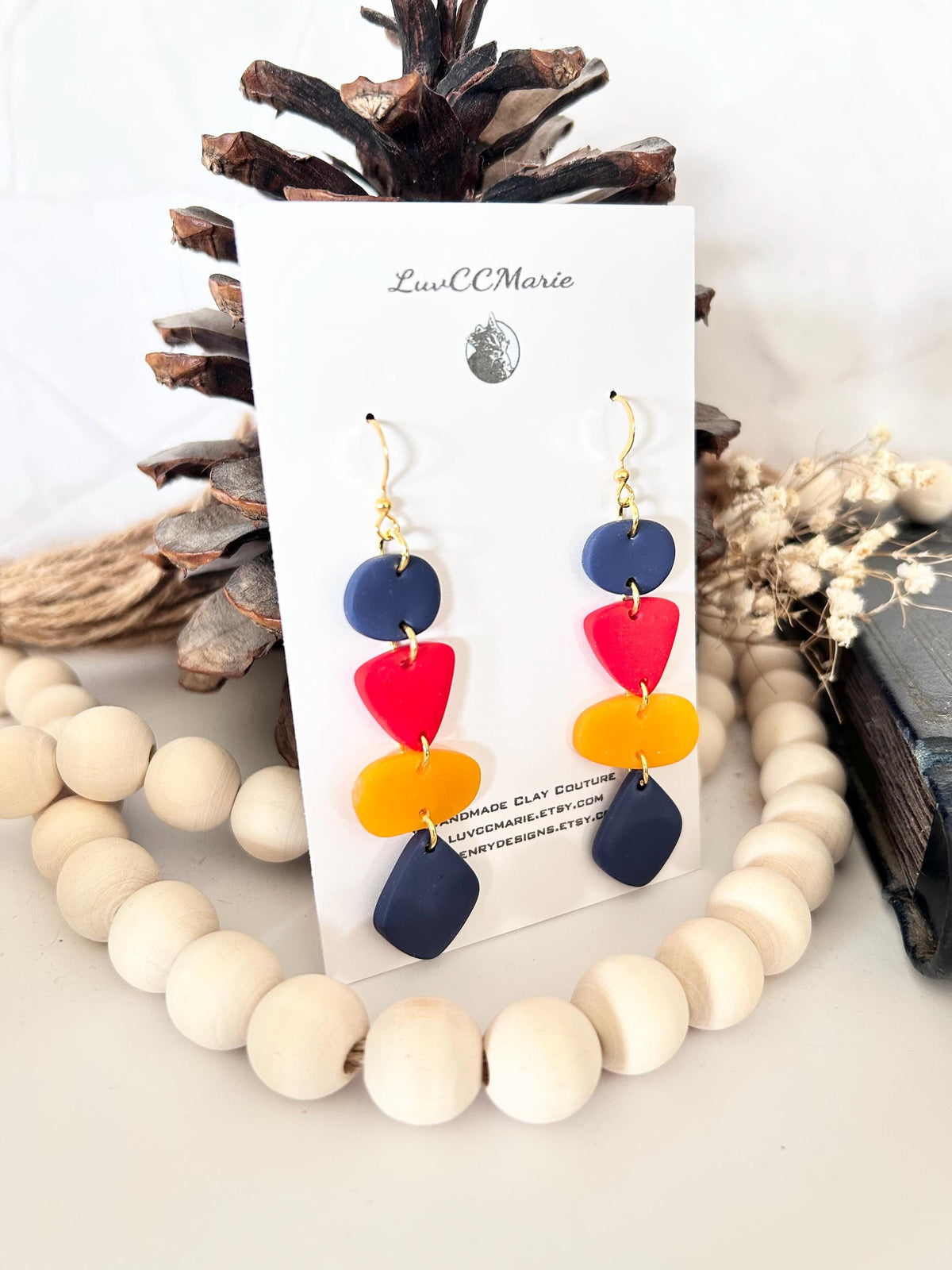 Multicolor Polymer Clay Geometric Earrings, Navy Orange Red, Handmade Fashion Jewelry Gift