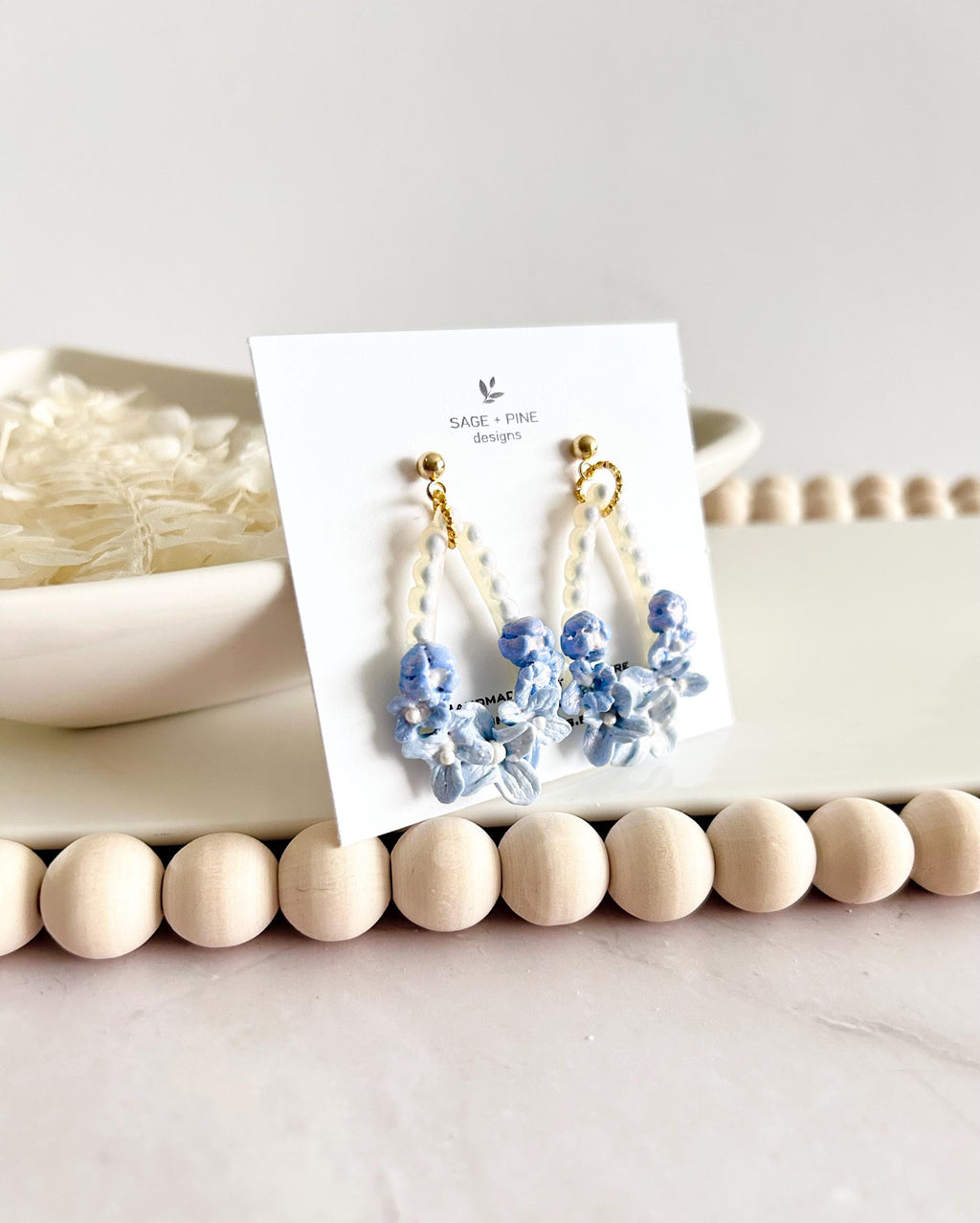 Blue Dangle Flower Earrings, Big Floral Drop Dangles, Iridescent Pearl Unique Statement Jewelry Gift
