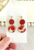 Dark Poppy Red Clay Earrings, Gold Floral Circle Dangles, Handmade Flower Boho Jewelry