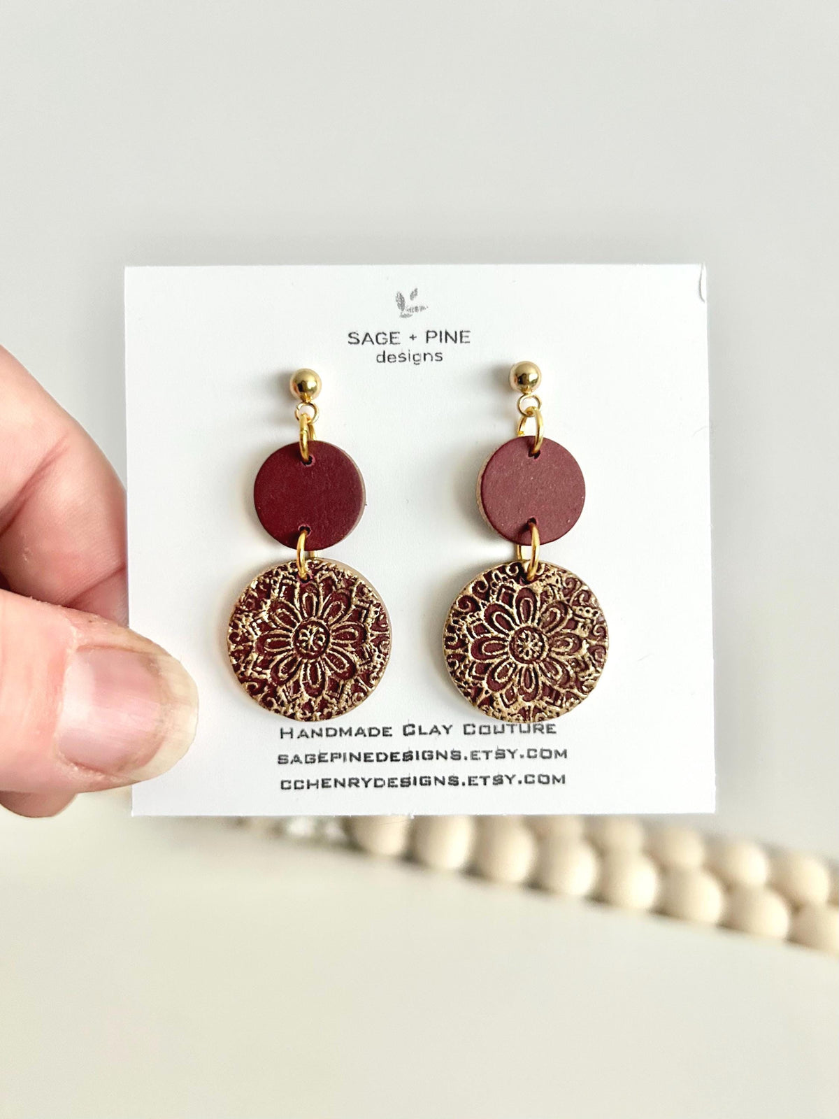 Dark Burgundy Clay Earrings, Gold Mandala Embossed Dangles, Handmade Boho Jewelry