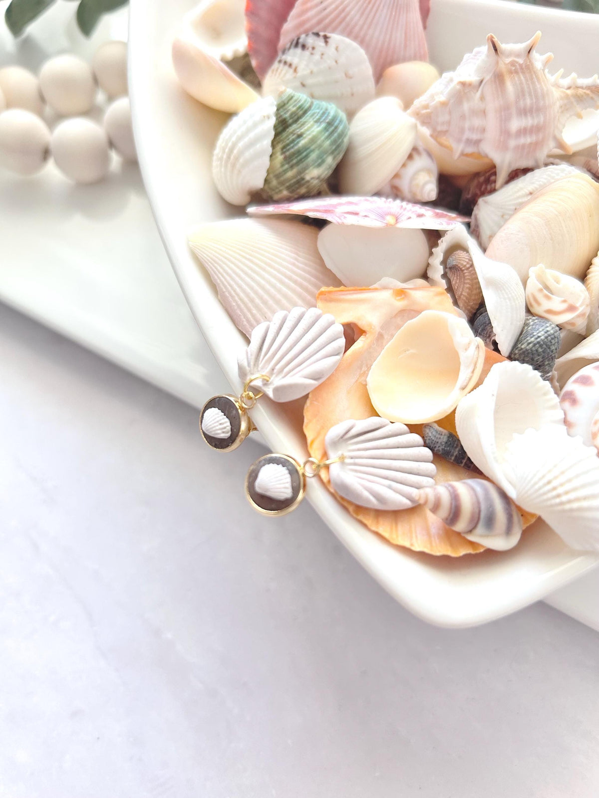 Seashell Earrings, White Clay Beach Wedding Stud Dangles, Boho Jewelry Gift for Bride