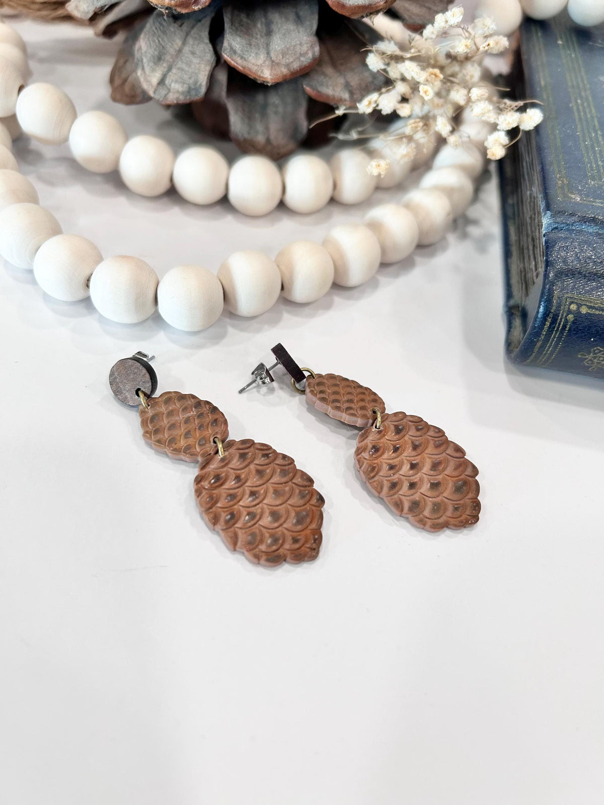 Handmade Pine Cone Statement Stud Dangle Earrings: Wood & Clay Fall Boho Jewelry