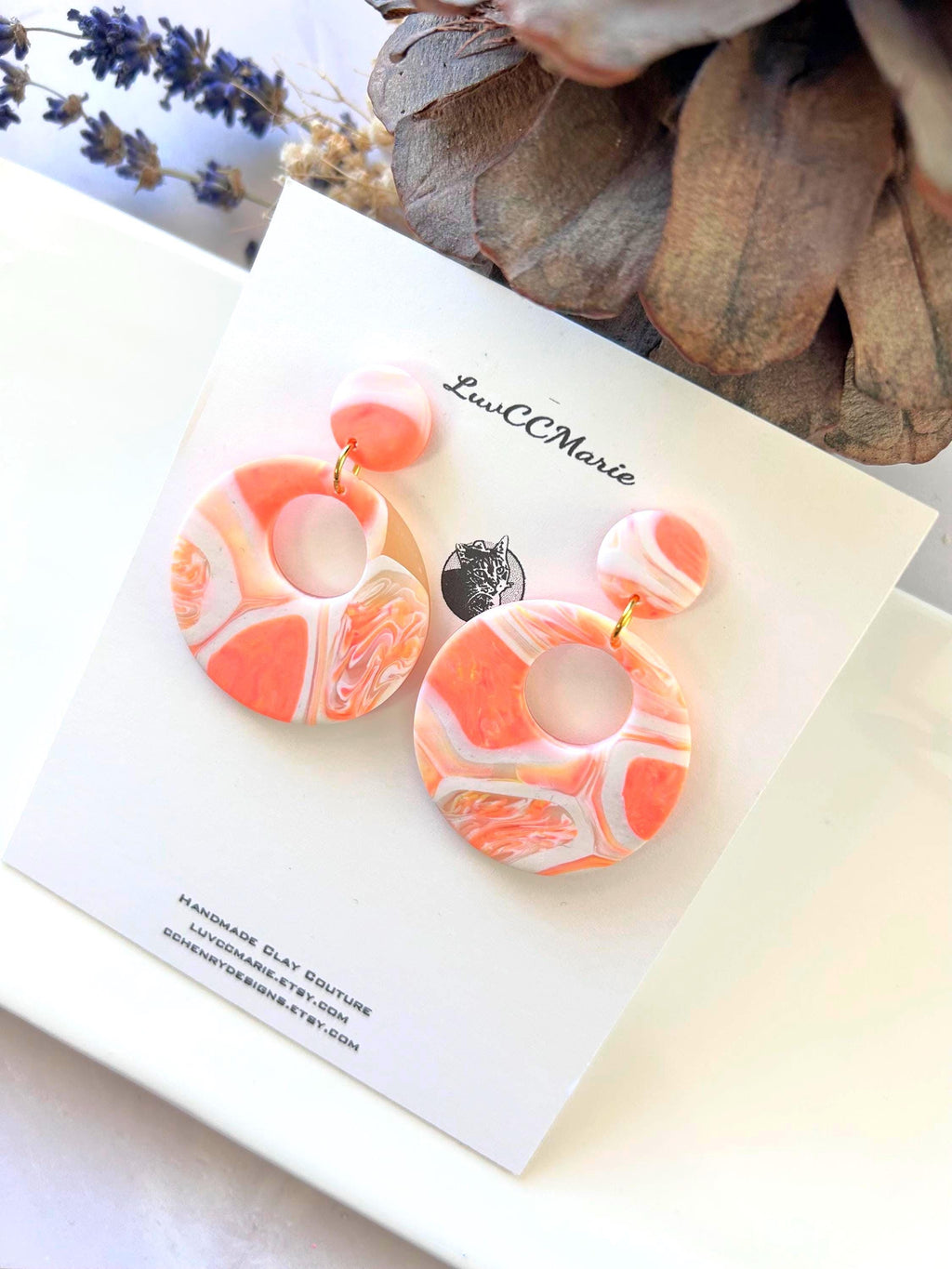 Coral Tortoiseshell Clay Hoop Earrings: Retro Boho Dangles