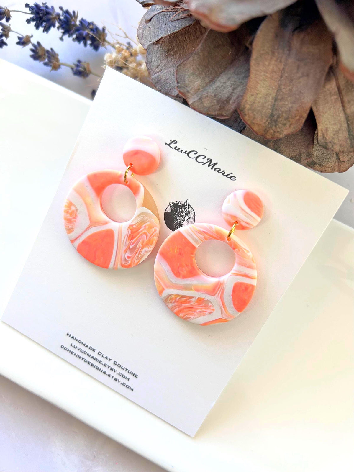 Coral Tortoiseshell Clay Hoop Earrings: Retro Boho Dangles