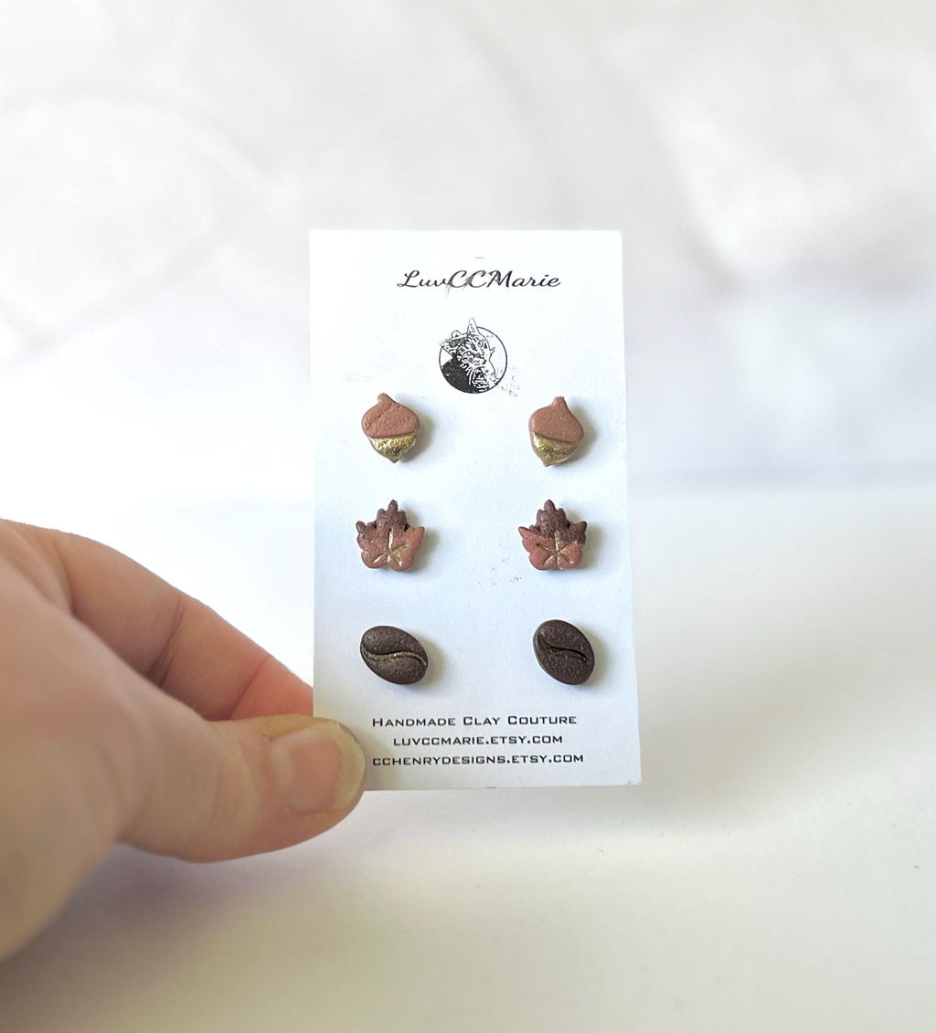 Autumn Stud Acorn Earrings, Maple Leaf Clay Post Set, Coffee Bean Jewelry, Handmade Jewelry