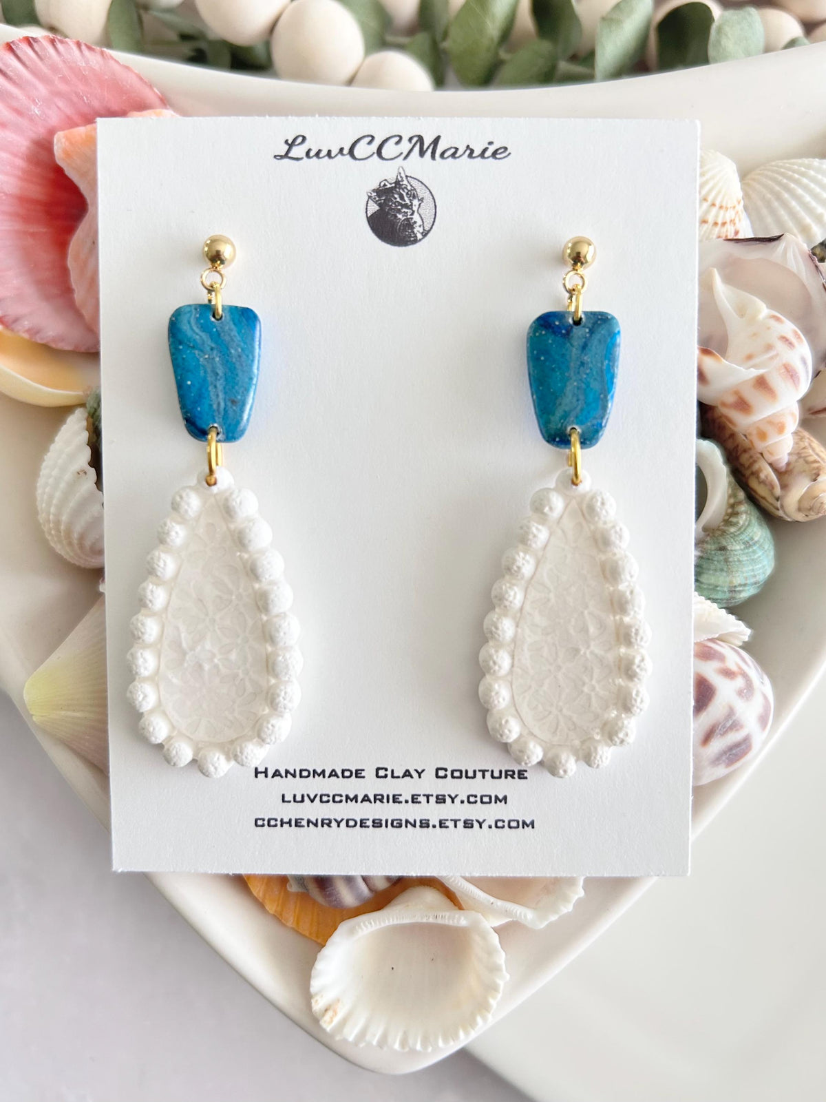 Teal and White Teardrop Earrings, Pearl Floral Clay Dangles, Handmade Bridal Coastal Jewelry